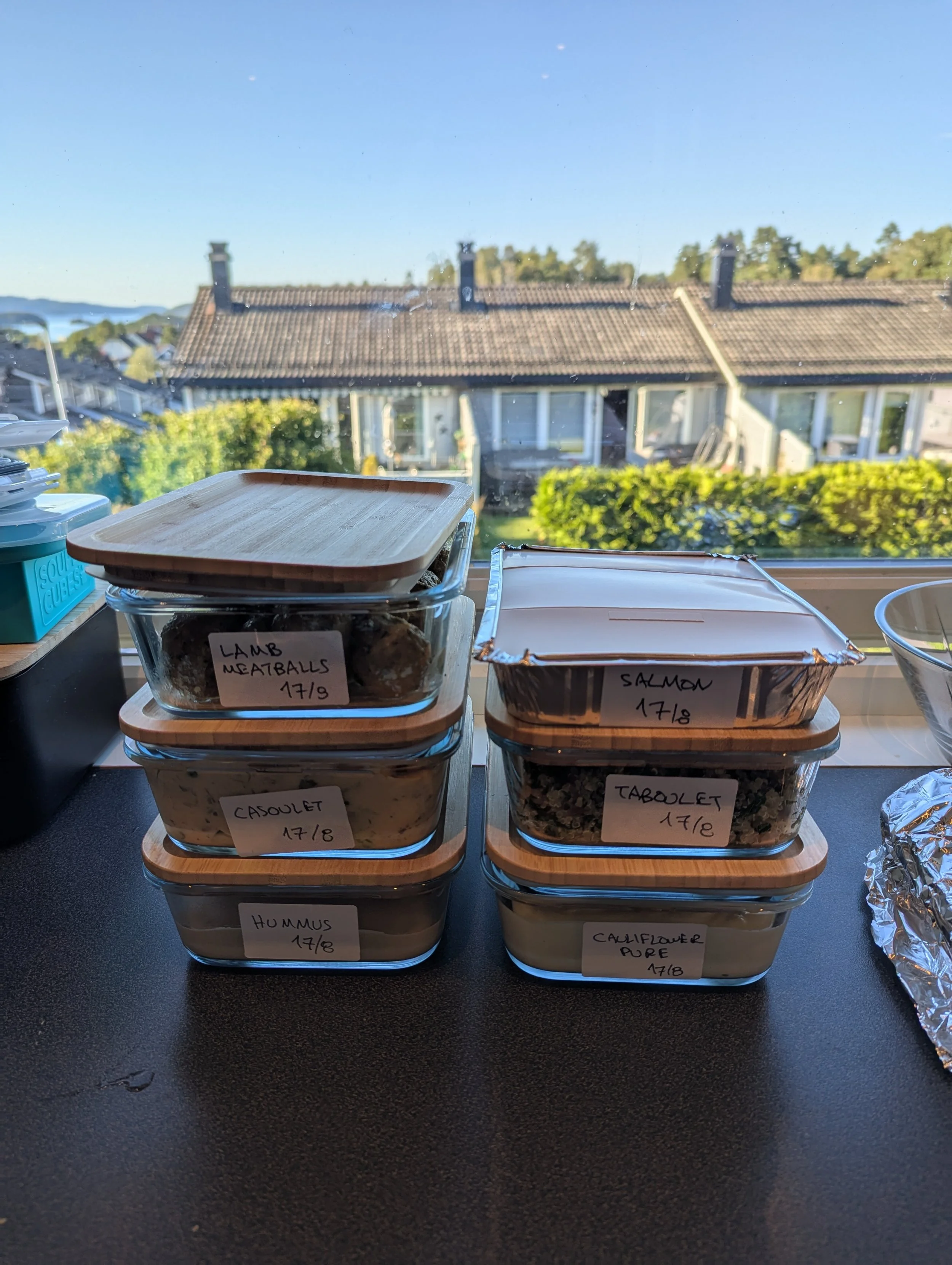shot from our weekly meal prepGlass containers with food labeled lamb meatballs, salmon, casoulet, taboulet, hummus, and cauliflower purée, on a black surface with a window showing houses and trees in the background.