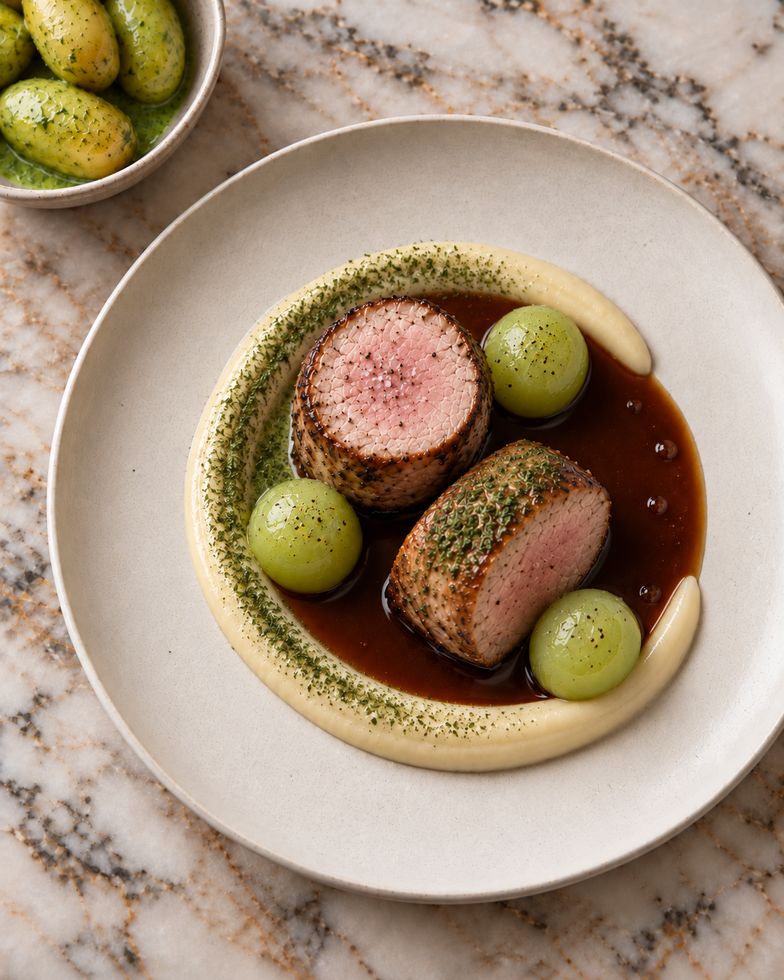 Pork tenderloin medallions with smooth purée, green apple spheres and rich jus on a ceramic plate