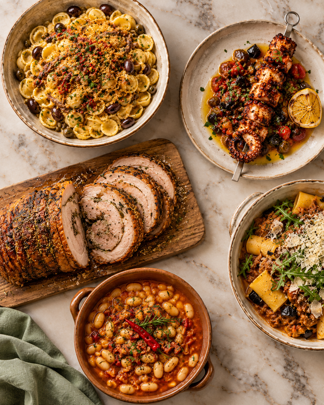 Southern Italian sharing dishes with orecchiette, grilled octopus, sliced pork roast and beans