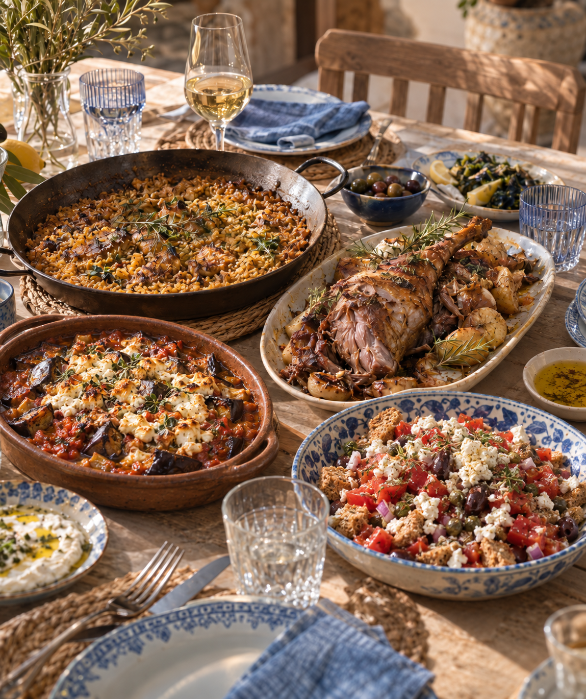 Cretan sharing table with roast lamb, baked vegetables, grains and tomato salad with crumbled cheese