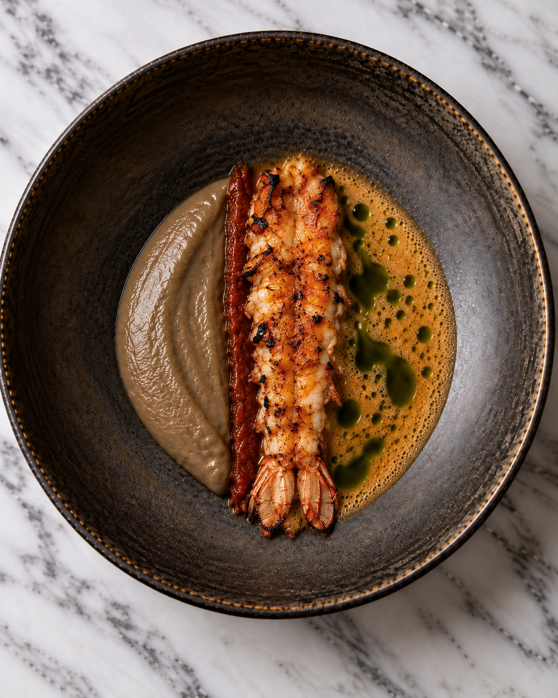 aubergine pure, tomato confit, grilled langoustine & shellfish jus