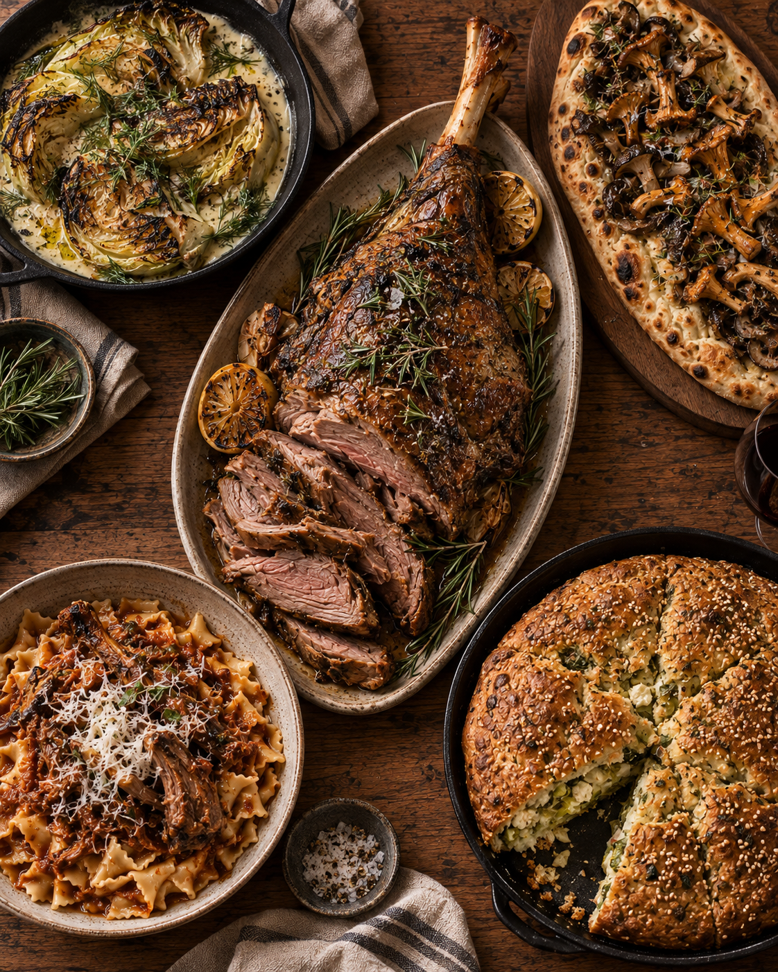 Greek sharing table with roasted lamb, mushroom flatbread, pasta and a golden cheese pie