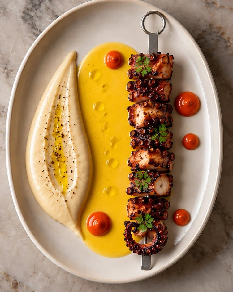 Charred octopus course from a Noêma private dining experience in Oslo and Stavanger.