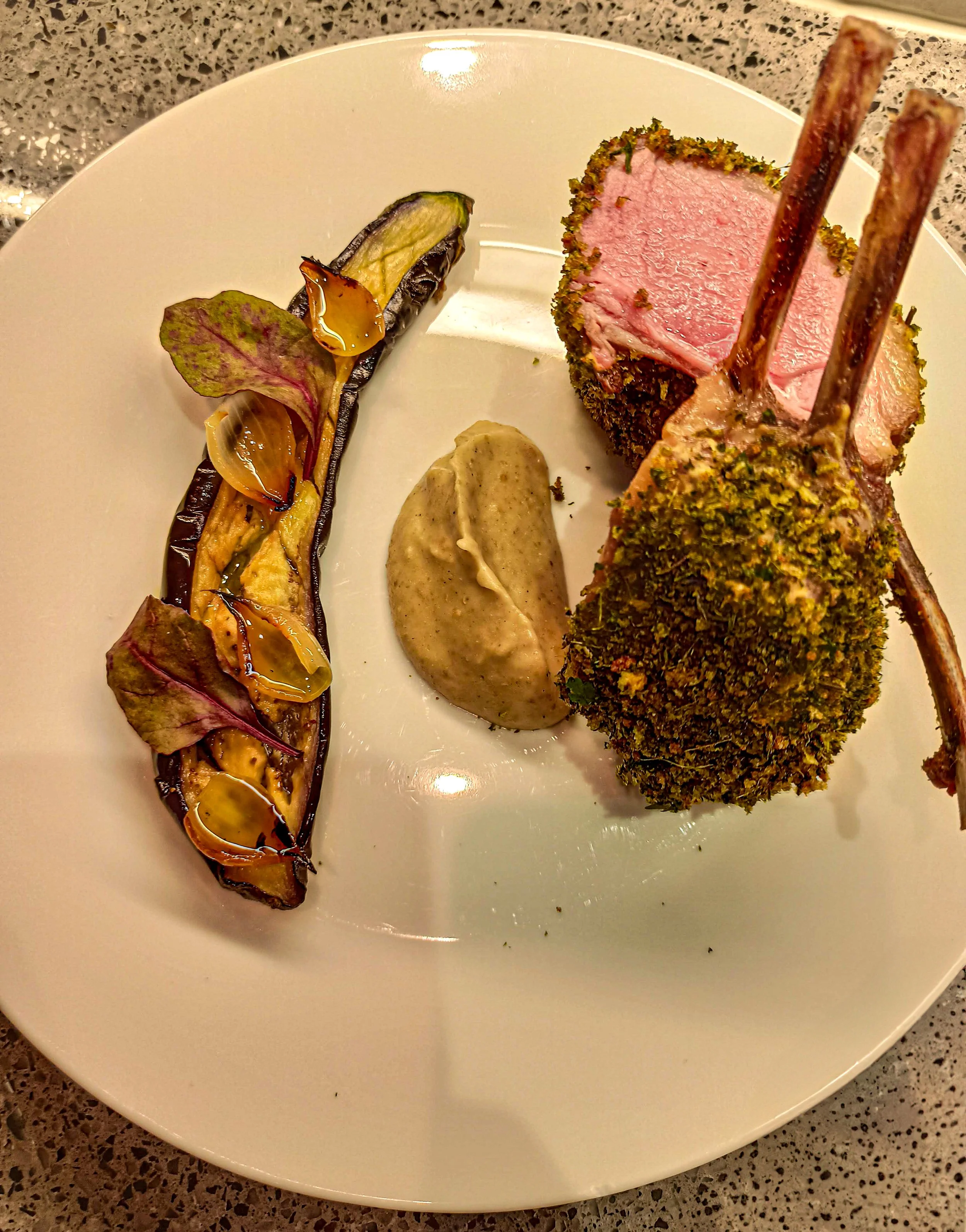 Herb crusted rack of lamb / Eggplant in textures
