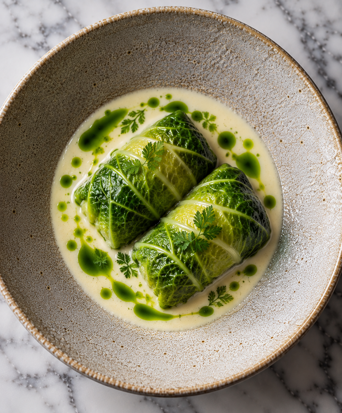 Cabbage-wrapped dolmadakia in creamy avgolemono sauce with green herb oil and fresh leaves
