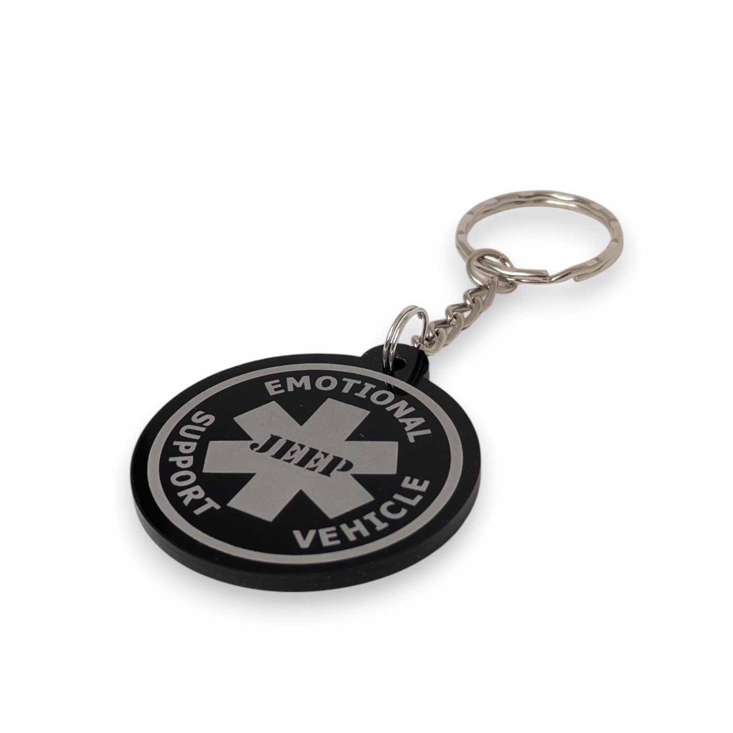 Round Jeep themed keychain with the saying Emotional Support Jeep engraved on it.