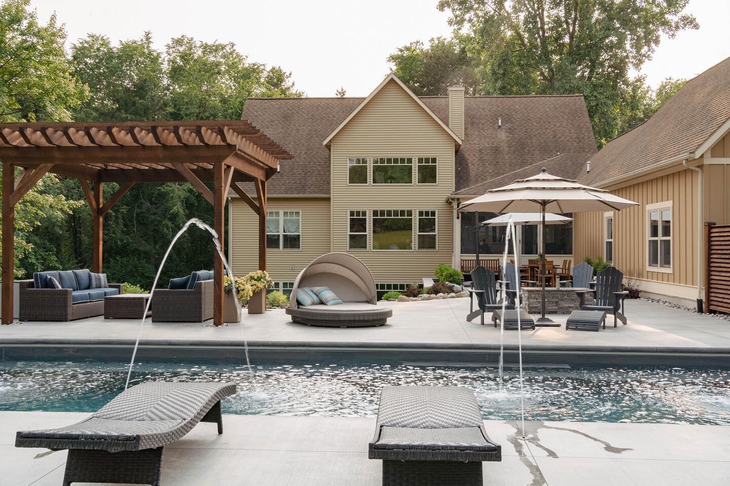 Dreaming of sunnier summer days and warm summer nights by the pool on this gloomy Michigan morning. 

#imaginepools #poolinstallation #pergola #firetable #landscapedesign #landscapingmichigan #landscaping