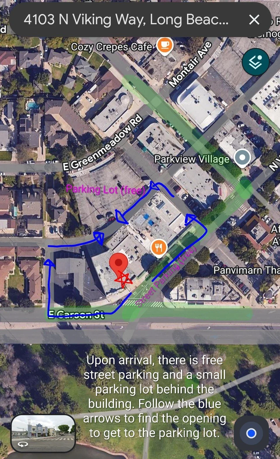 A map showing directions to a parking lot behind a building, with marked routes in blue, a free parking area labeled in pink, and street names including E Greenmeadow Rd and E Carson St. Instructions describe how to find the parking lot.