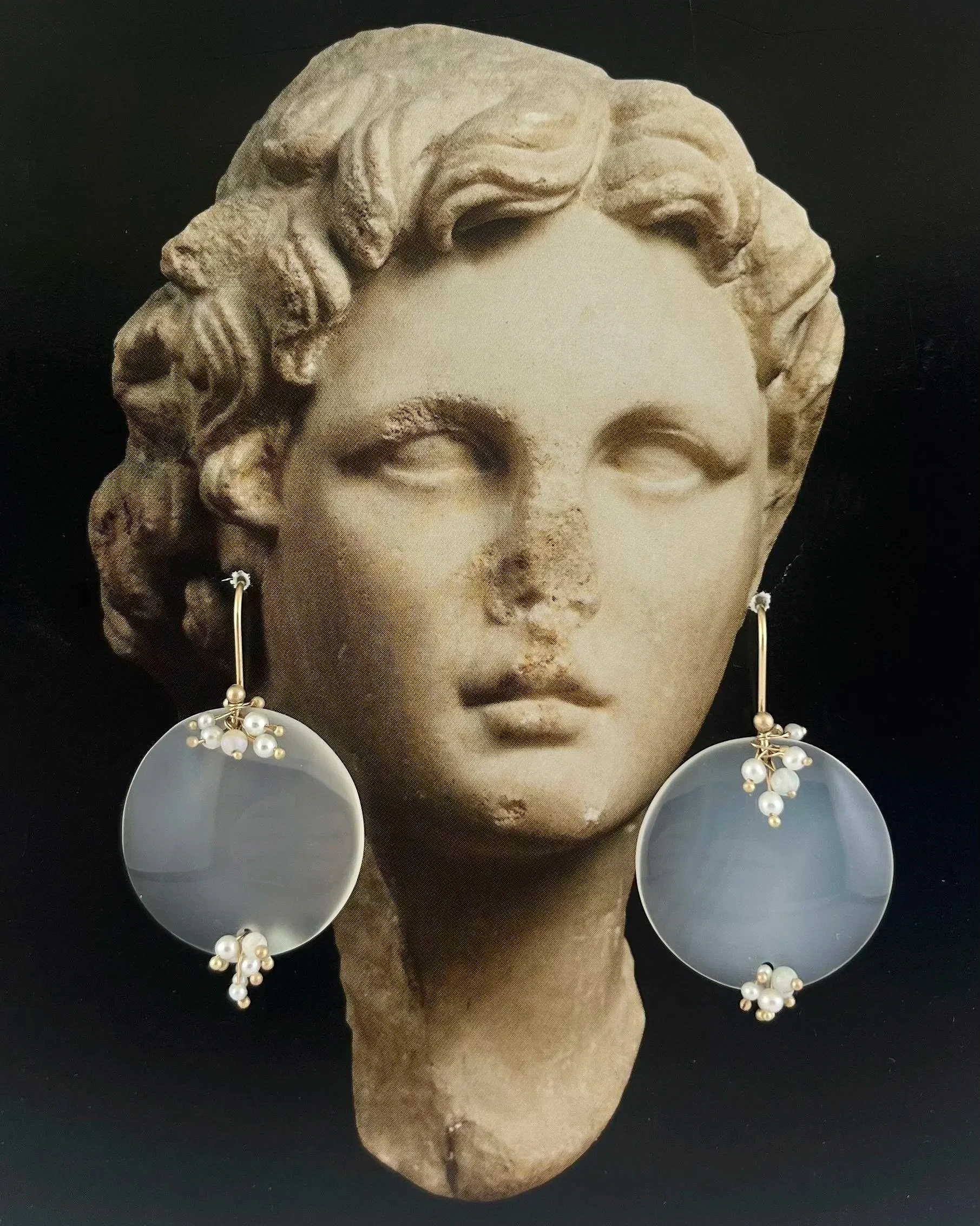 White Chalcedony Moons with Pearl and Opal
