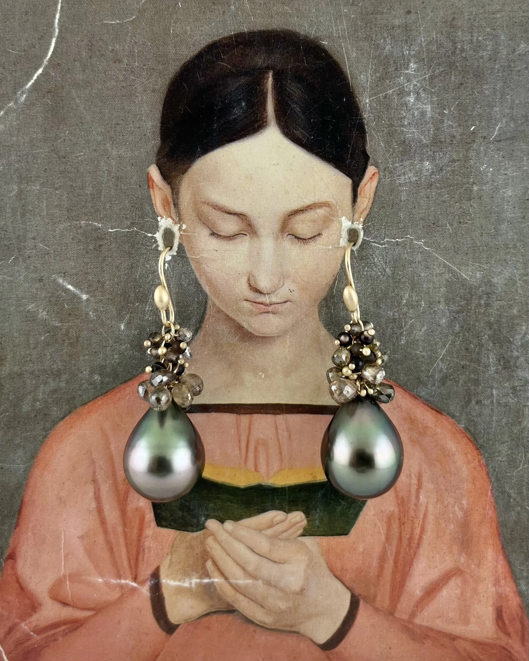 Black Tahitian Pearls with Brown Diamond, Smoky Quartz, and Abalone Crunchy Top