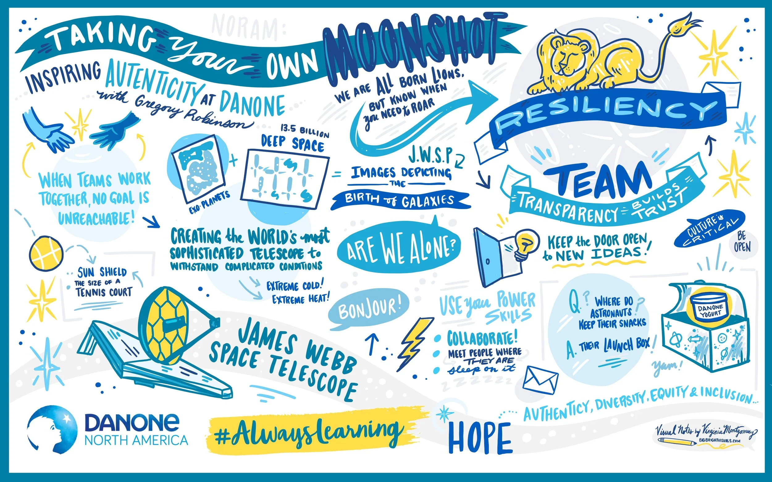 Illustrated infographic highlighting space exploration themes with drawings of a telescope, moon, sun shield, and a lion in space. Contains various quotes and phrases about teamwork, resilience, and curiosity in space science. Features branding for D