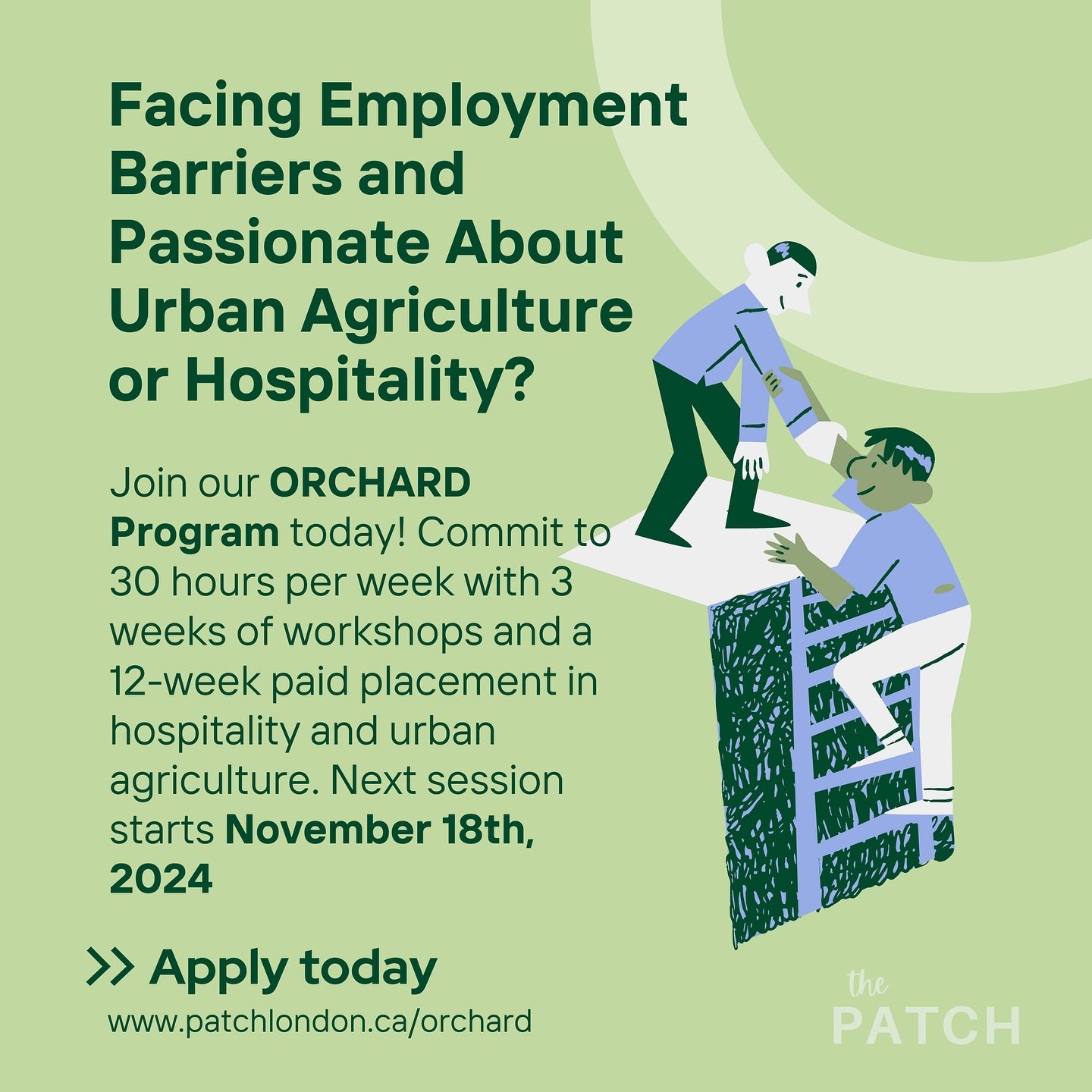 Looking to gain experience in urban agriculture or hospitality? 🌱We still have spots left in the ORCHARD Program! Paid placements and hands-on experience, starting Nov. 18th &mdash; apply now! Link in our bio.

#UrbanAgriculture  #FoodSecurity #Comm