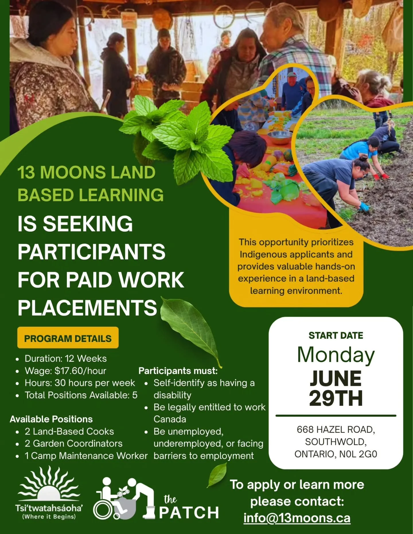🌿 Paid Work Experience Opportunities &ndash; Apply Now! 🌿

Looking to build skills, gain meaningful work experience, and connect with the land? 🌱

13 Moons Land Based Learning is seeking 5 participants for a 12-week paid employment program beginni