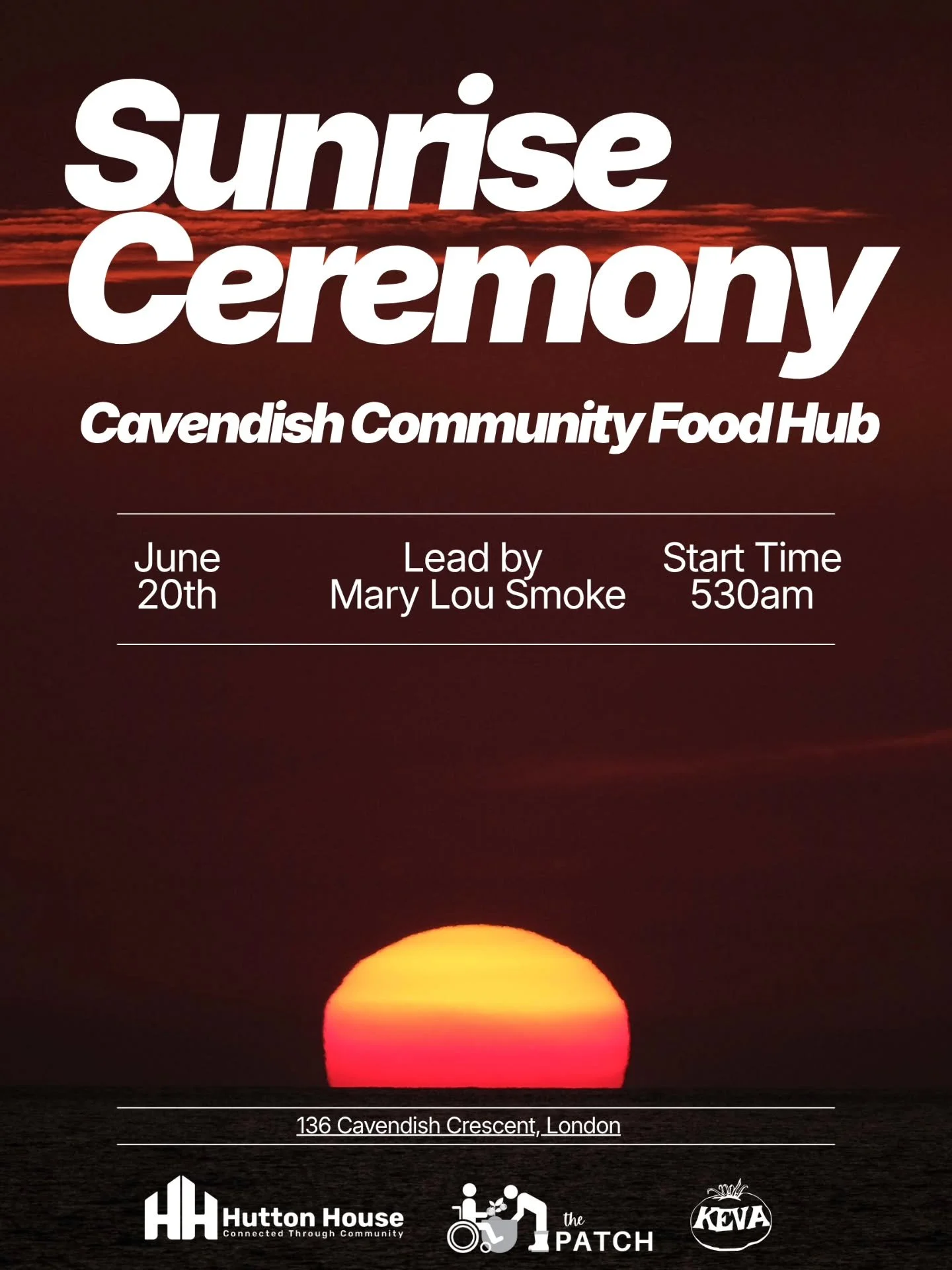 🌅 Sunrise Ceremony at Cavendish Community Food Hub 🌅

Join us on June 20th as we gather in community to welcome the rising sun and reflect on its gifts of light, warmth, growth, and renewal.

Elder Mary Lou Smoke will lead us in a traditional Sunri