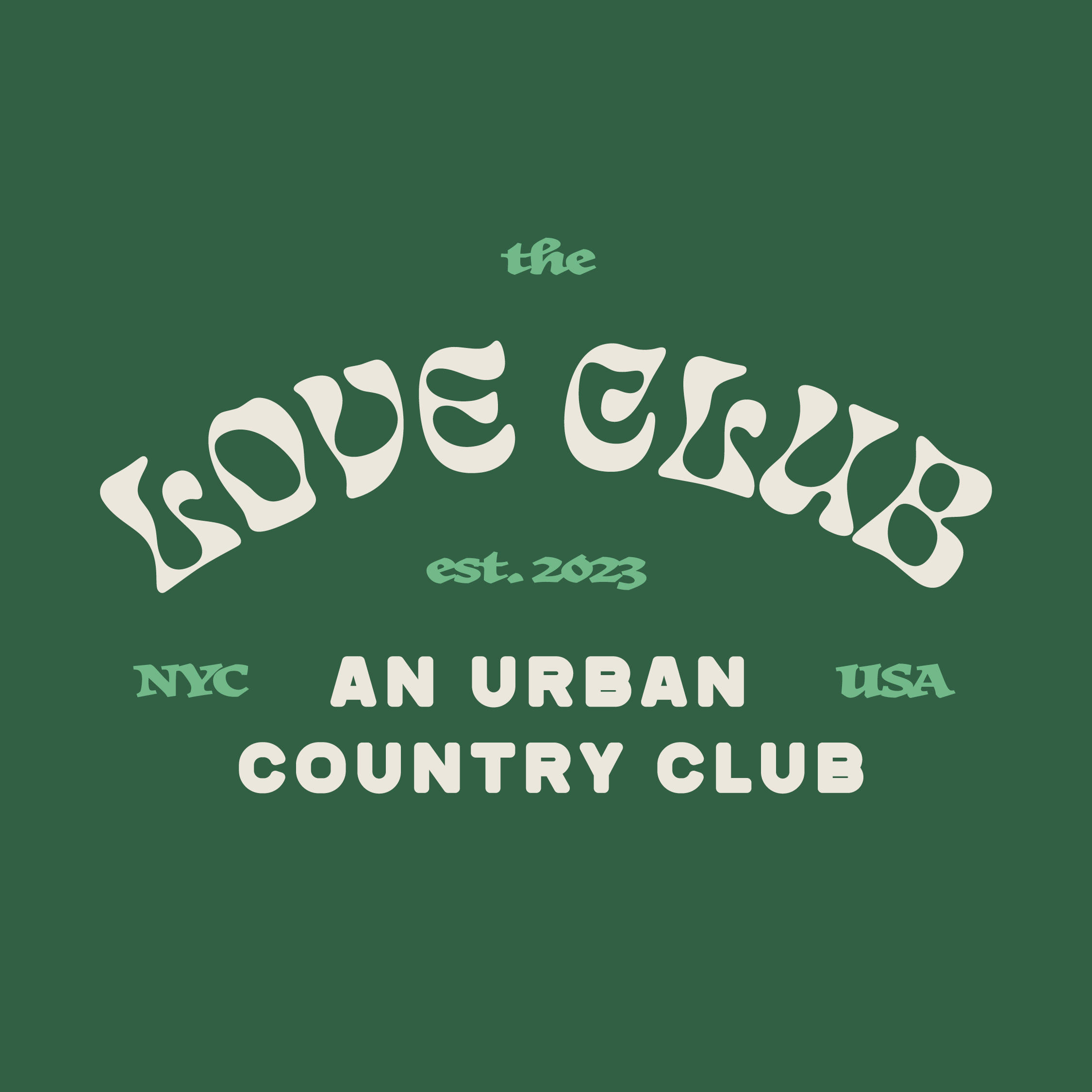 Design with text indicating 'the NYC' and 'est. 2023' with decorative graphic elements and mentions of 'An Urban Country Club' located in the USA.