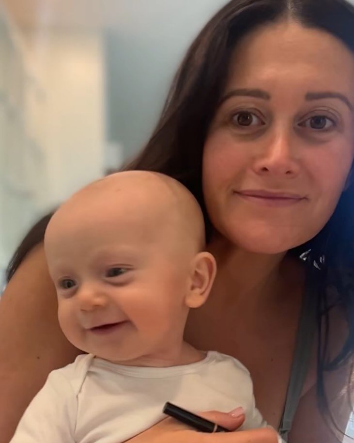 I have no pics of us. Mostly selfies. Today my bff snapped this during our FaceTime call. No makeup I was mid brow application. How I love this little guy. So grateful for this moment caught on iPhone. I really need a camera. Miles is 4 months on Mon