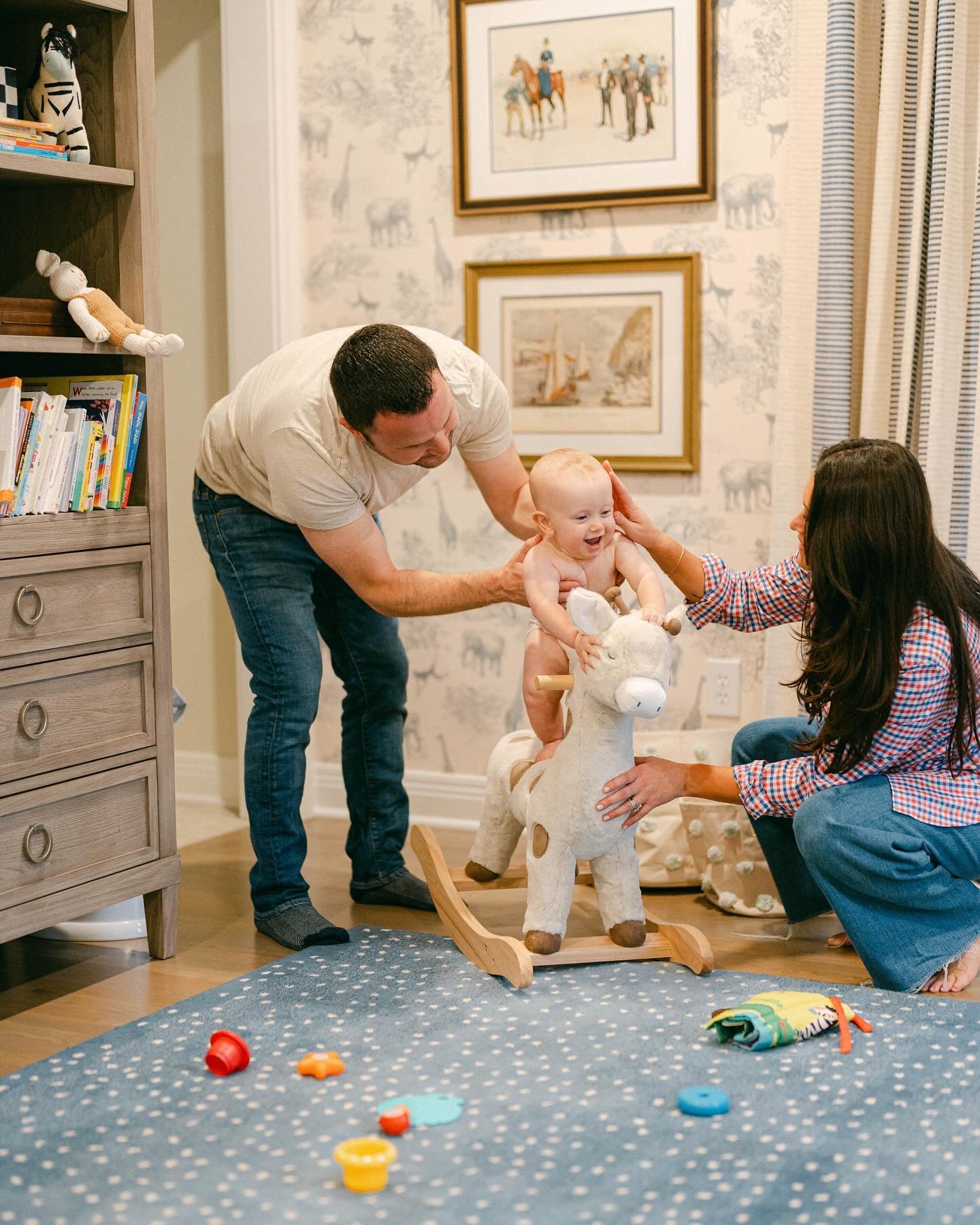 Our little family. This room is my favorite in the house. I wallpapered it myself when Miles was just 9 weeks old, I spent nights scrolling for furniture and scouring vintage markets when pregnant. The monochromatic patterns layered together feel cal