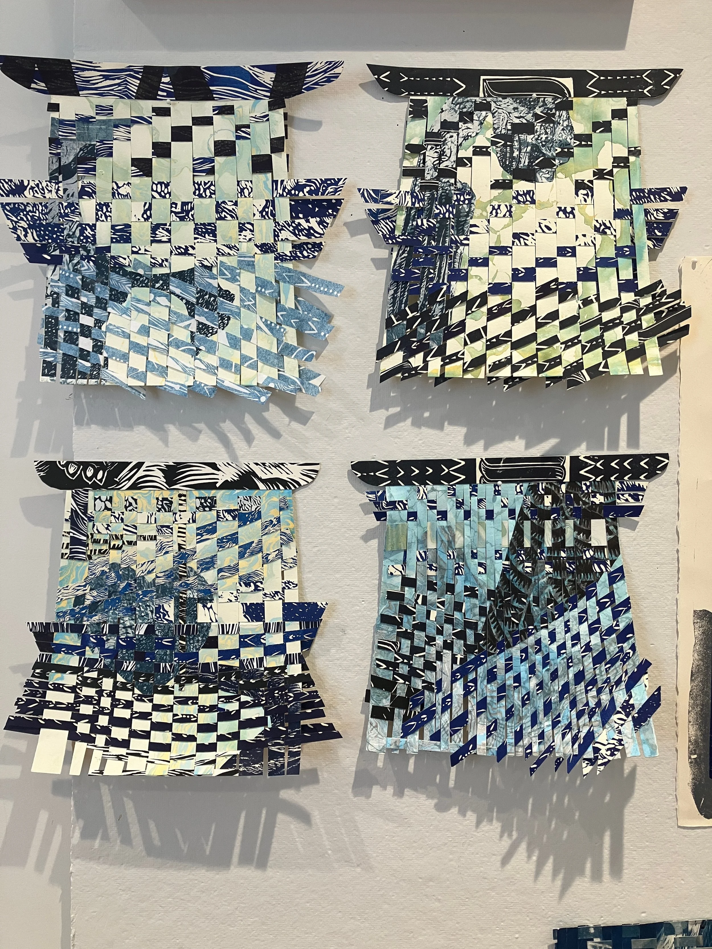 Four 12" x 12" weavings in progress