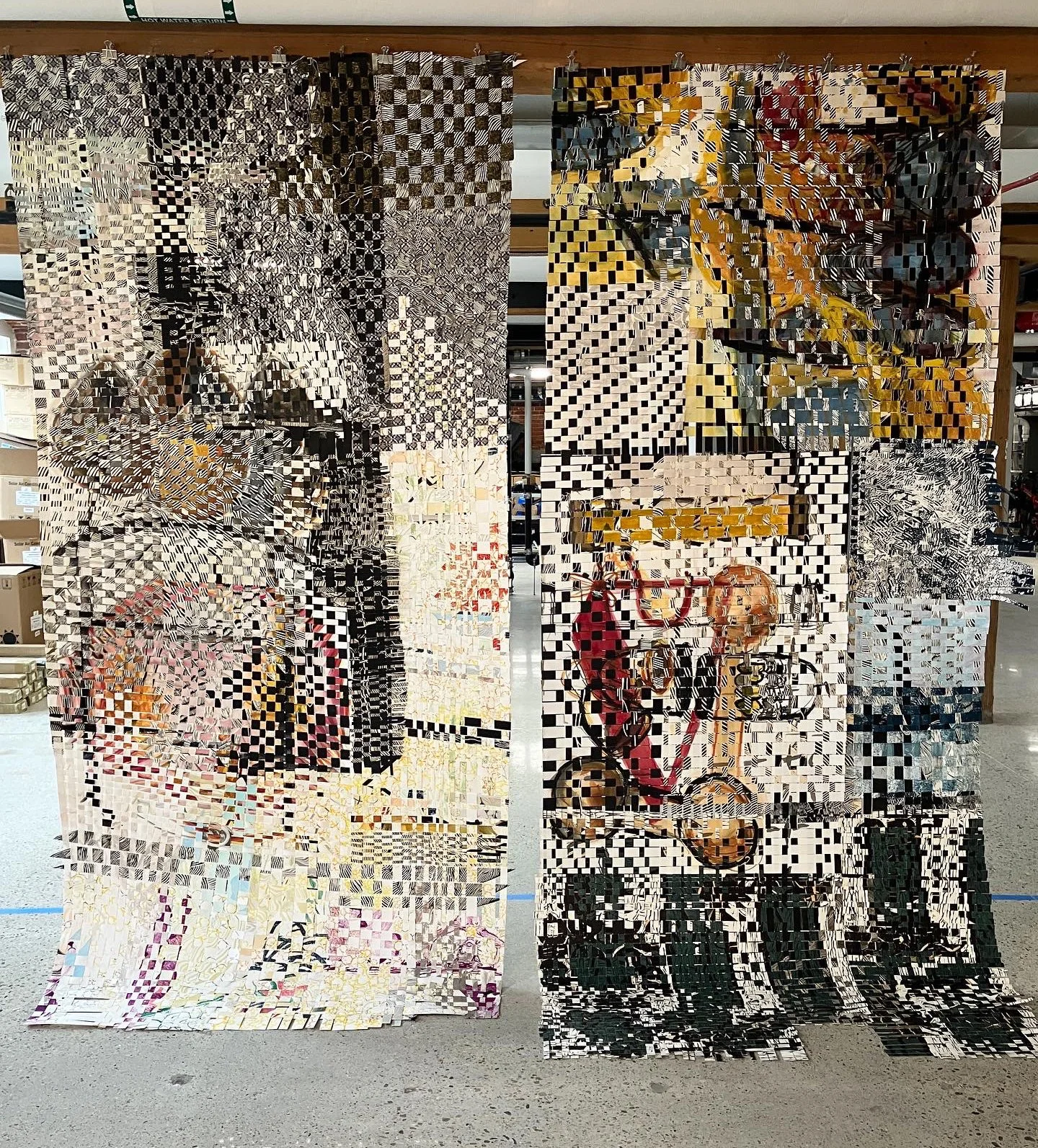 Three Decades, two individual pieces shown together. 100 x 48 each/ Then Floating World of River Keepers 105" x 51" Woven hand printed linoleum blocks, lstone ithography, watercolor, and suminagashi marble paper. 2023