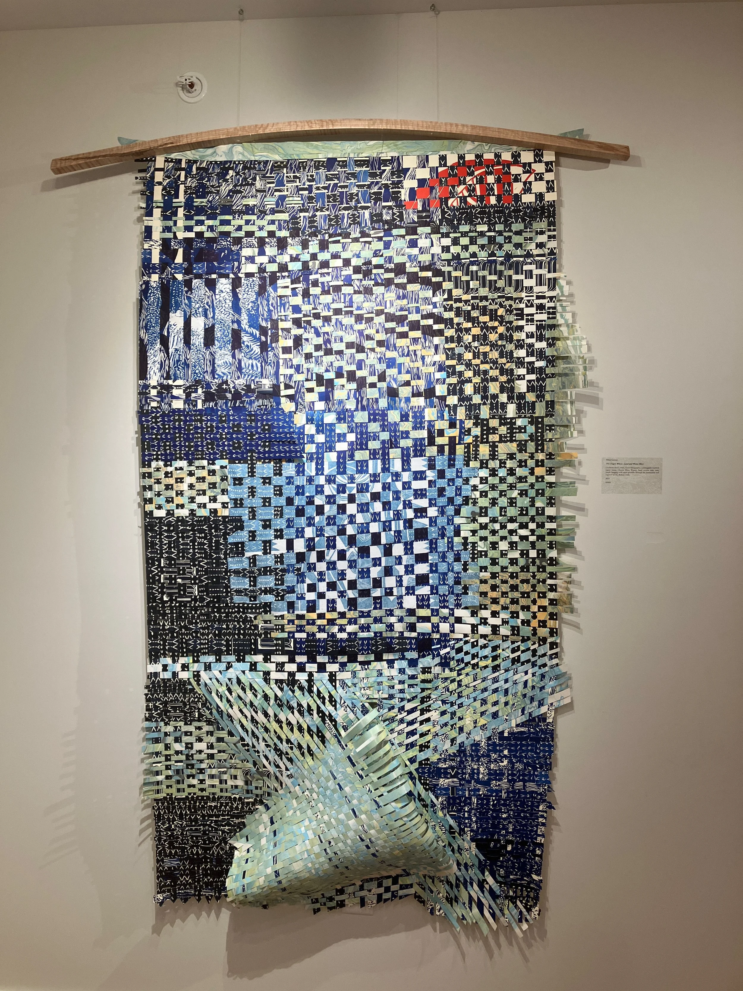 The Edge Where Land and Water Meet
2024
Linoleum block prints, stone lithography, suminagashi marbled paper, cyanotype using the Chester River Water (MD), handwoven
70 x 40 in