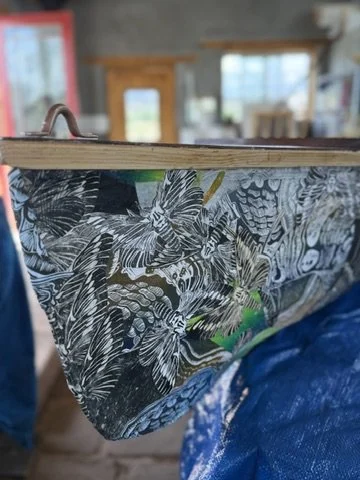 Working on a canoe in the Abiquiu, NM studio.