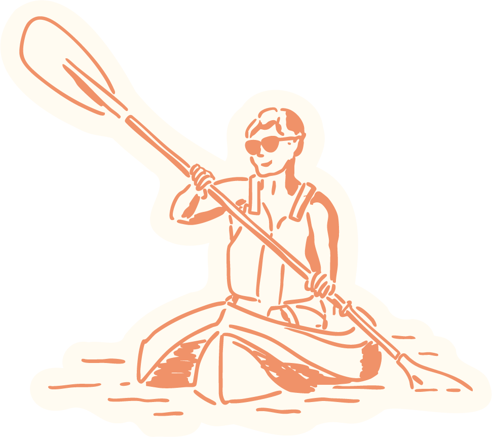 Line drawing of a person in a kayak holding a paddle with two blades, wearing sunglasses and a life jacket.