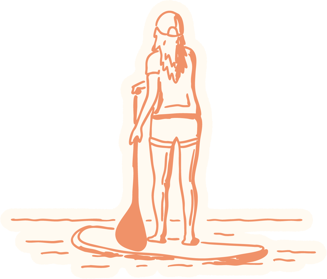 Line drawing of a woman in shorts and a baseball cap mopping a floor with a mop