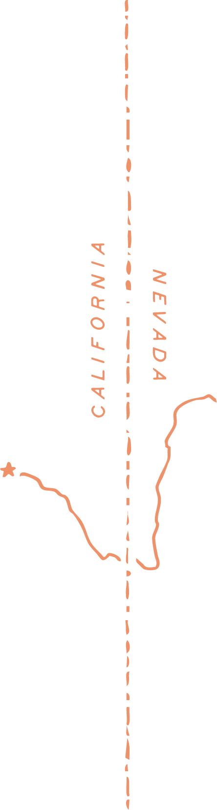 Map of California and Nevada state borders with dashed line in the middle.
