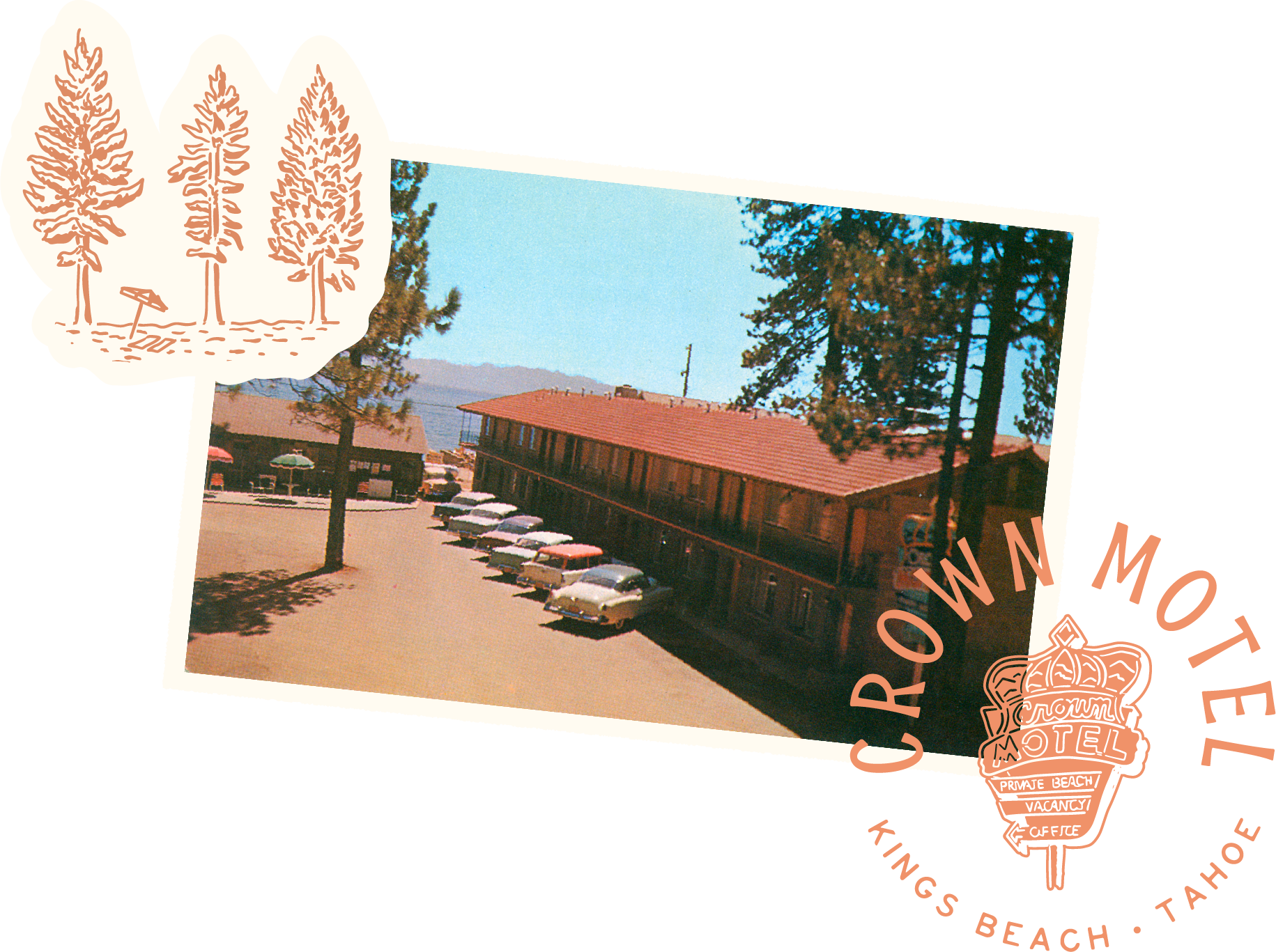 A photo of a wooden hotel building with a red roof, parked cars in front, trees, and a mountain in the background, with graphic overlays of trees, a sign, and the words "Crown Motel" and "Kings Beach, Tahoe".