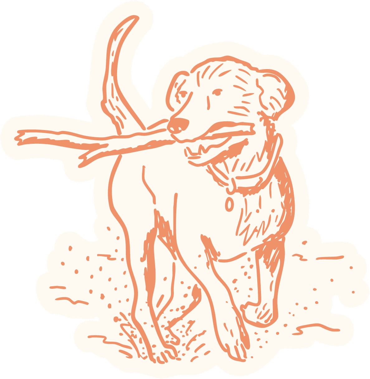 Line drawing of a dog carrying a stick in its mouth, standing on sandy ground.