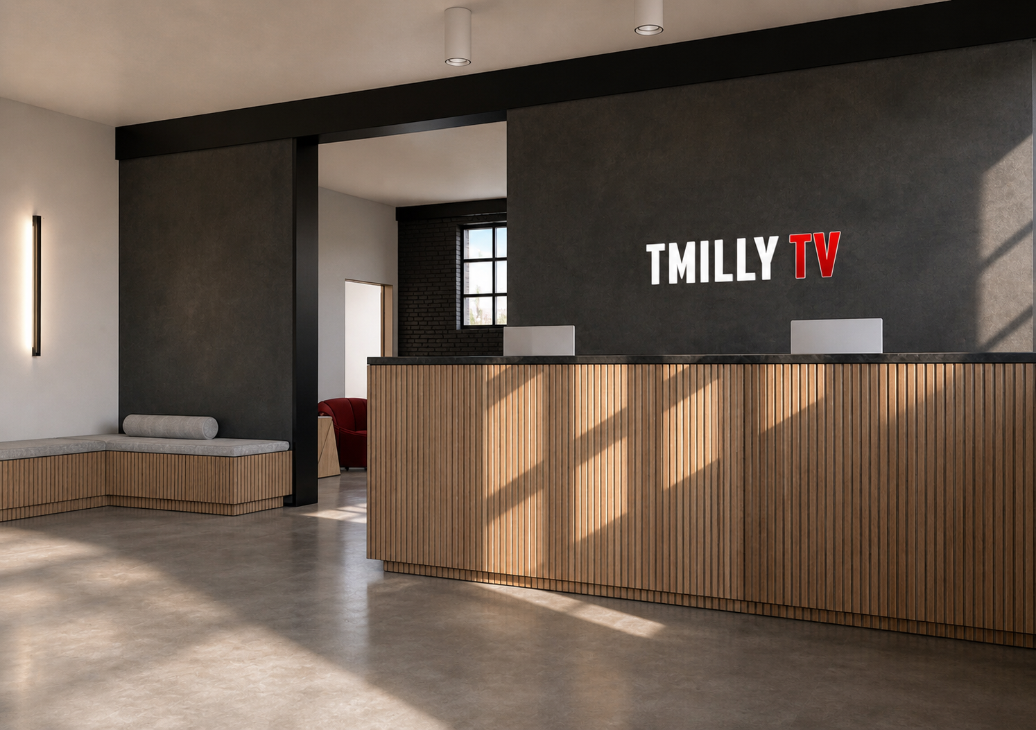 North Hollywood Dance Studio, TMilly TV Studio, Studio Henree Interior Design, Los Angeles Interior Design Studio, Fluted Oak Reception Desk, Fluted Oak Custom Bench, Dark Limewash Walls, Neon LA Sign, Boutique Commercial Interior Design Studio, Awar