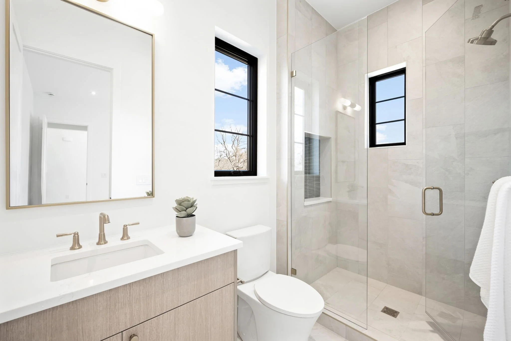 Modern bathroom with a white vanity, a mirror, a small potted plant, a toilet, and a glass-enclosed shower with black-framed windows and a light-colored tiled wall.