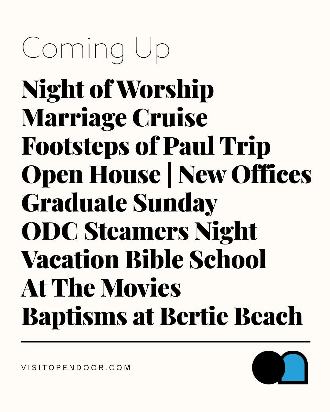So much happening at Open Door Church this summer and beyond ☀️🙌

From worship and baptisms to VBS, family events, and opportunities to grow in your faith, there&rsquo;s something for everyone in the weeks ahead.

We can&rsquo;t wait to experience t