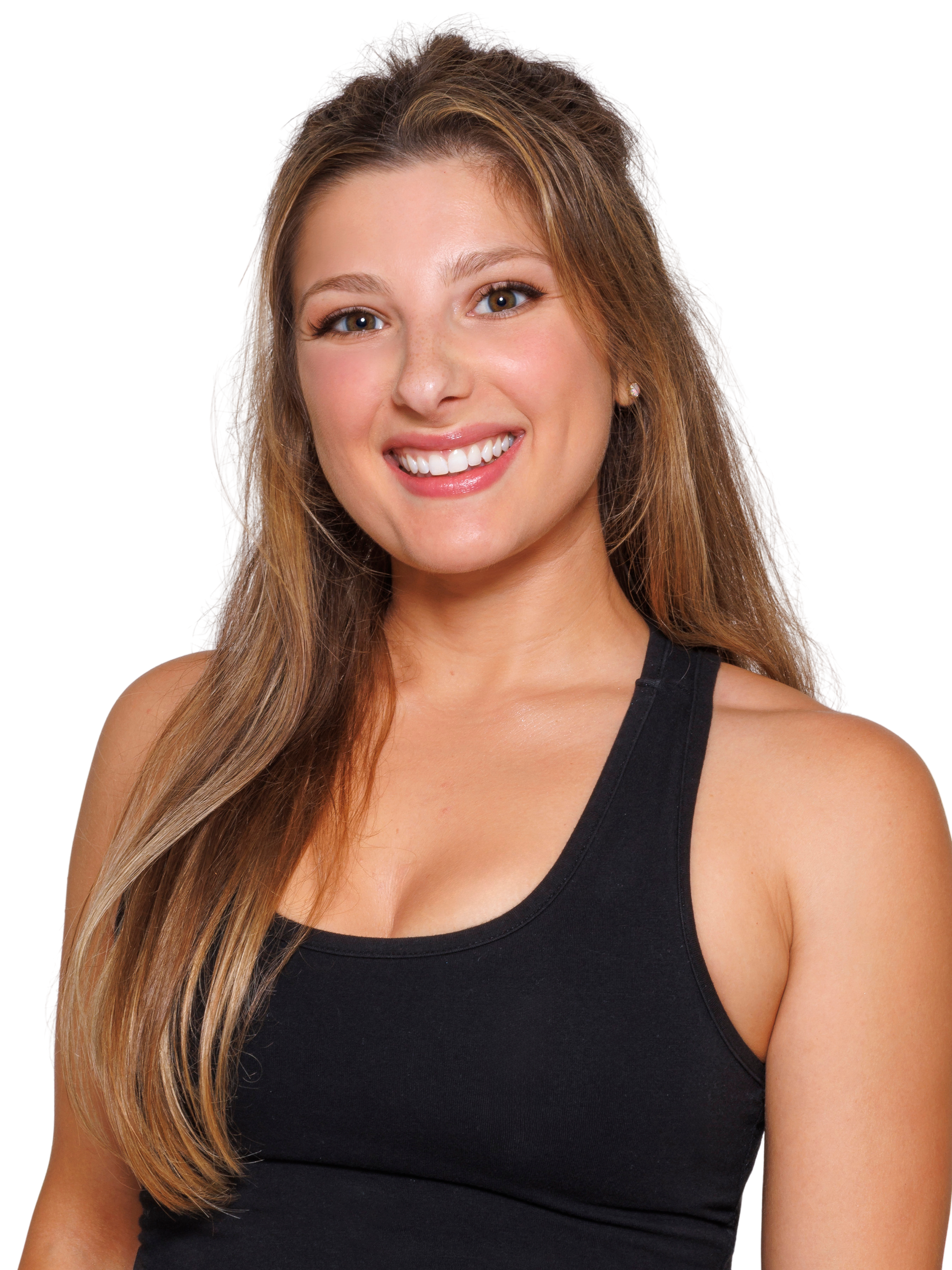 young woman with long brown hair and black tank top smiling