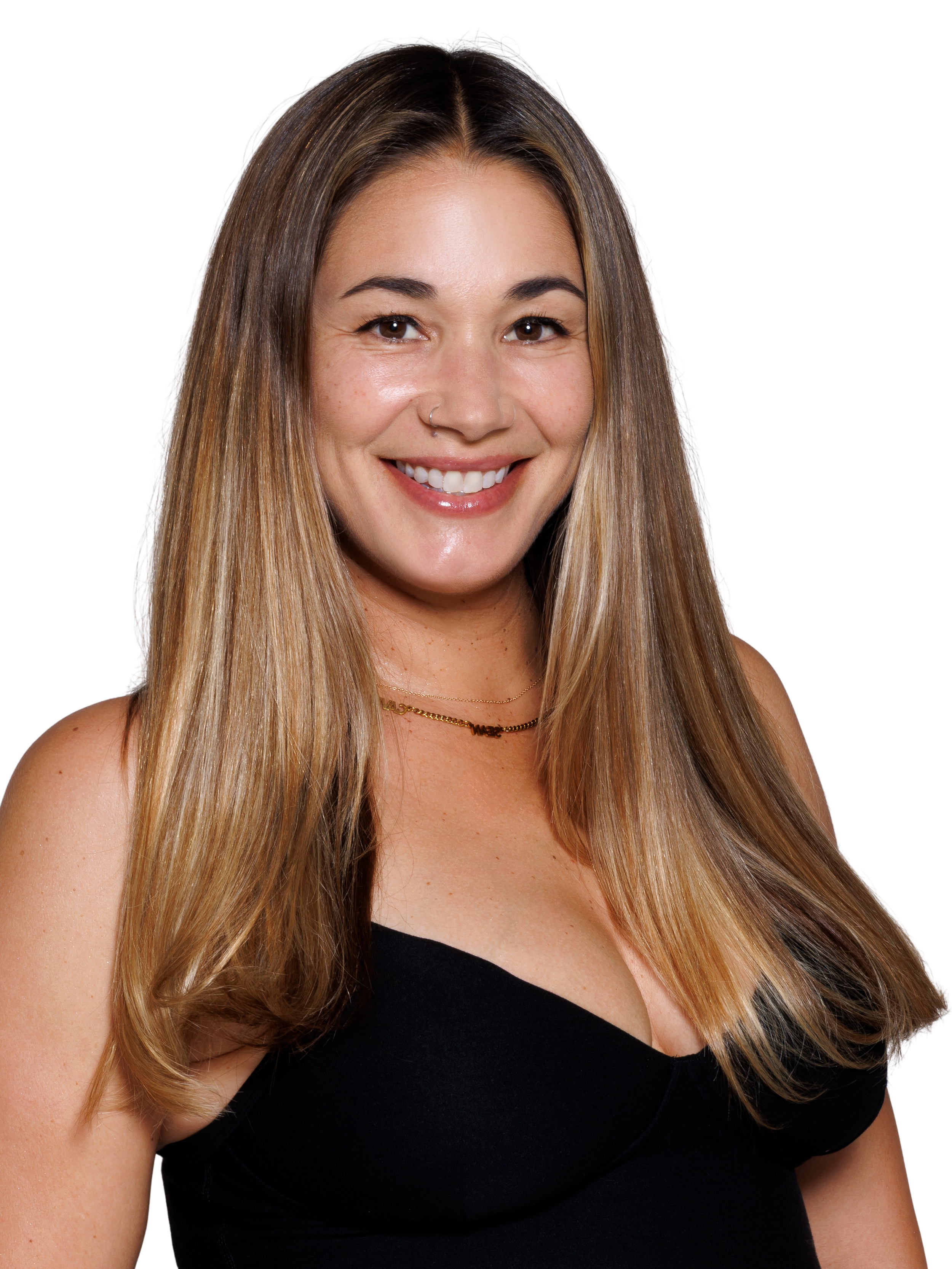 A woman with long, straight hair, smiling, wearing a black sleeveless top.