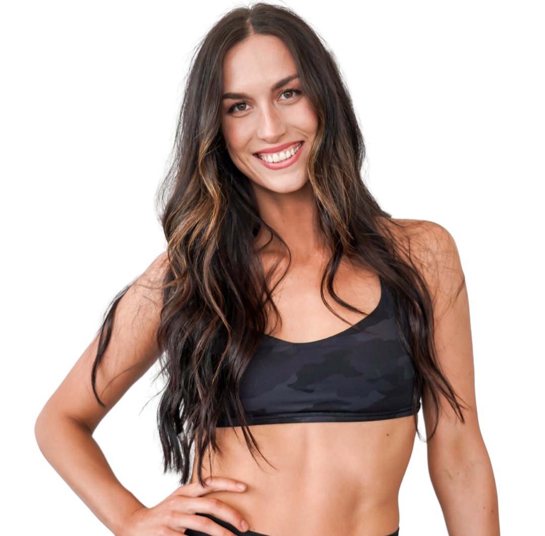 A woman with long, wavy dark brown hair smiling and wearing athletic wear, a black sports bra with a camouflage pattern and black high-waisted leggings, standing against a white background.