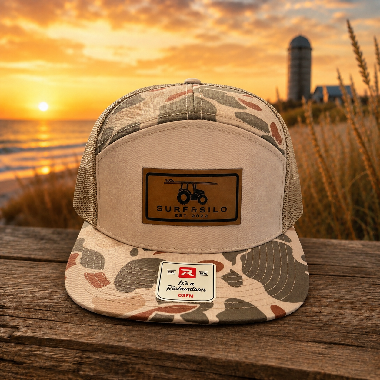 Surf & Silo 7 Panel Camo Hat with options of Surf Tractor Leather Patch/Fin and Feather Patch.