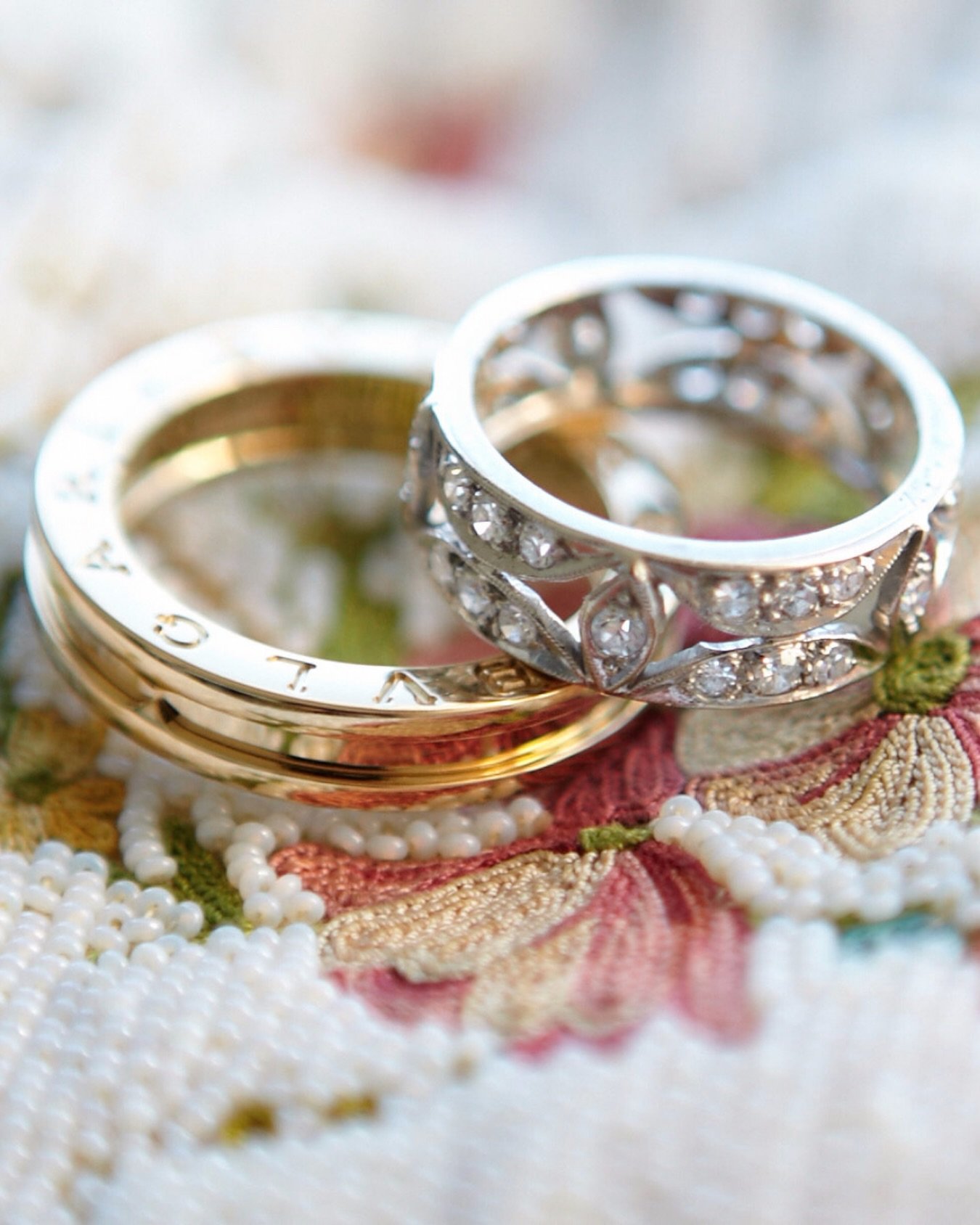 PS + JAMIE
NYC // NY
&bull;
&bull;
&bull;
&bull;  Heirlooms meet high fashion ✨
Bvlgari wedding rings resting atop a hand-beaded vintage clutch&mdash;borrowed from Grandma and carried down the aisle on the wedding day. Old-world sentiment + editorial