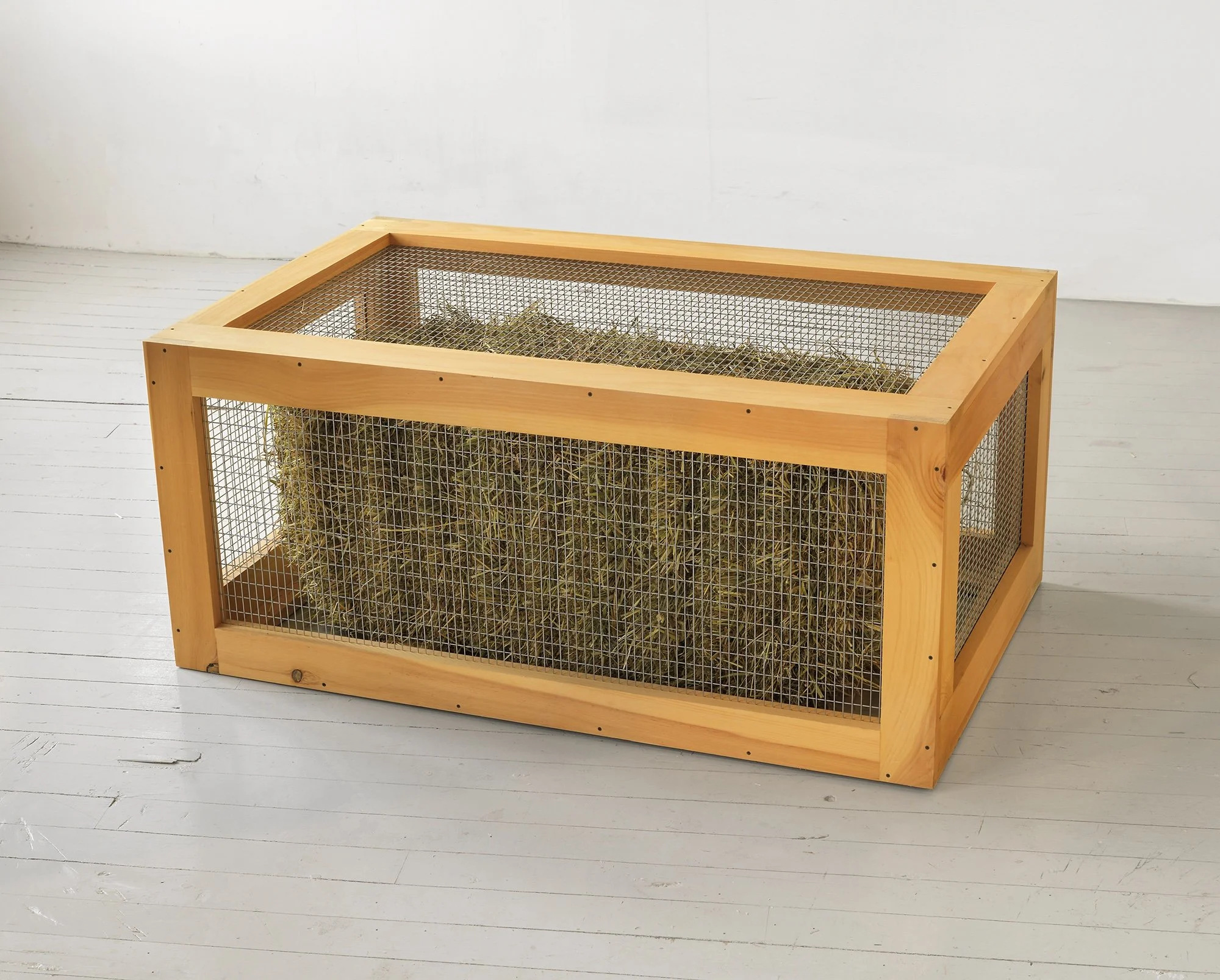 Sweet Timothy, 2005, pine, steel fencing and bale of sweet timothy and alfalfa, 21 x 26 x 42 inches 