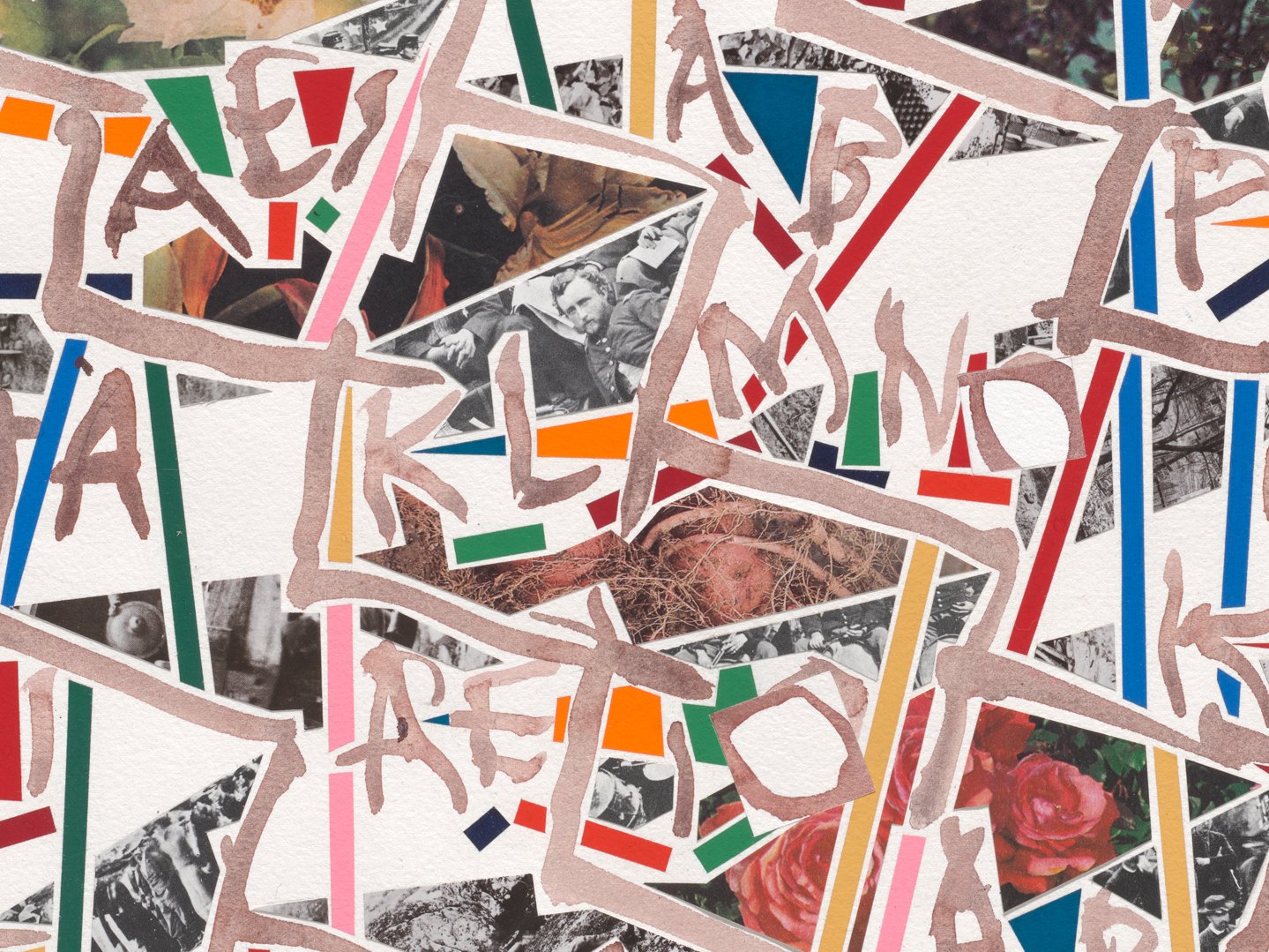 AEIOU (Civil War + Ortho), 2024, watercolor, gouache, and collage on paper, 22½ x 30 inches, 29½ x 37 inches framed, detail