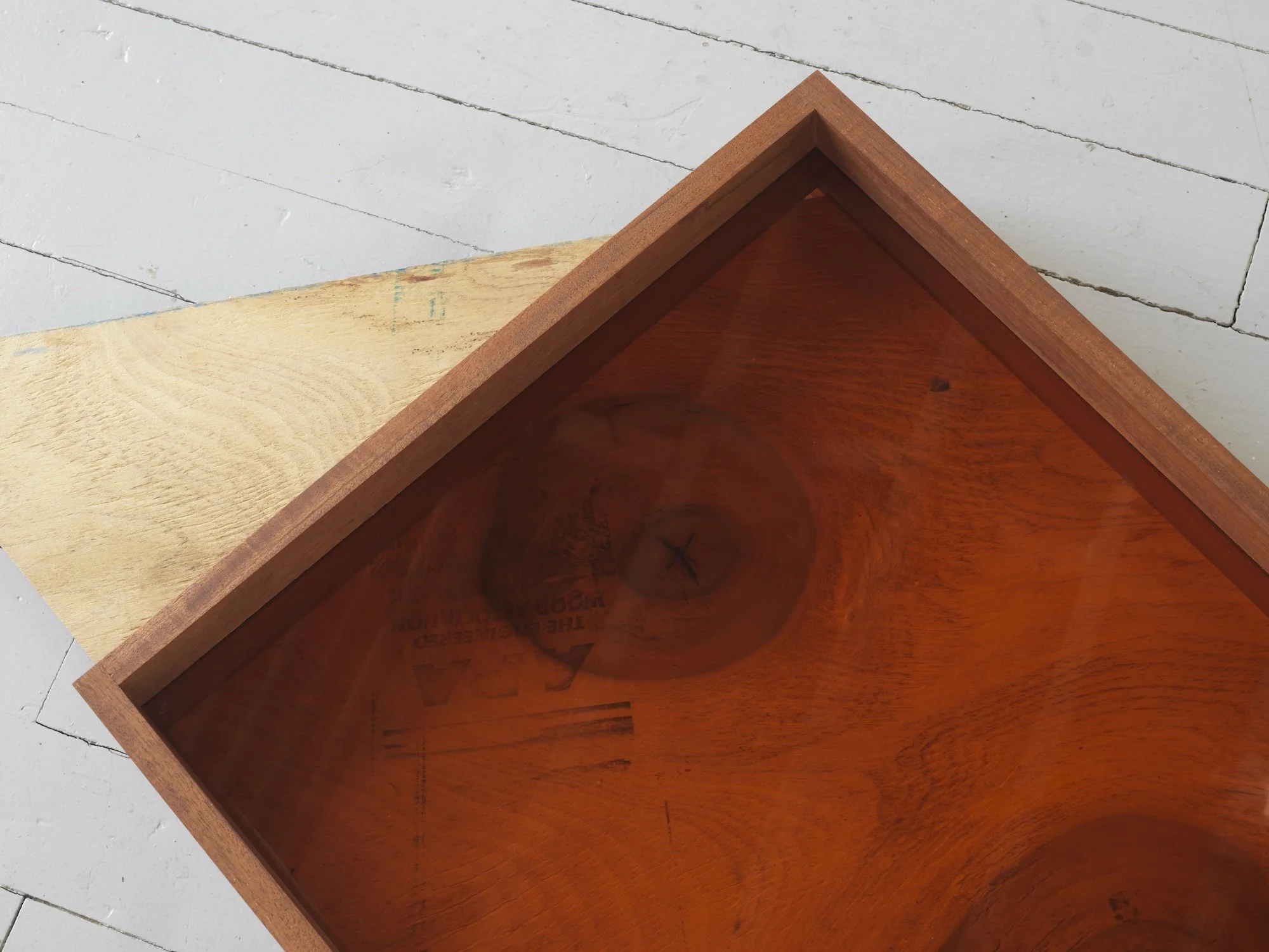 Apple Knockers, 2007, mahogany, plywood, rose tinted glass, 5 x 19 x 33 inches, detail