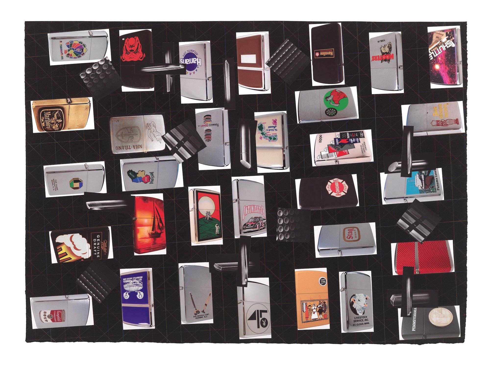 Zippo, 2013, colored pencil and collage on black paper, 22 x 30 inches