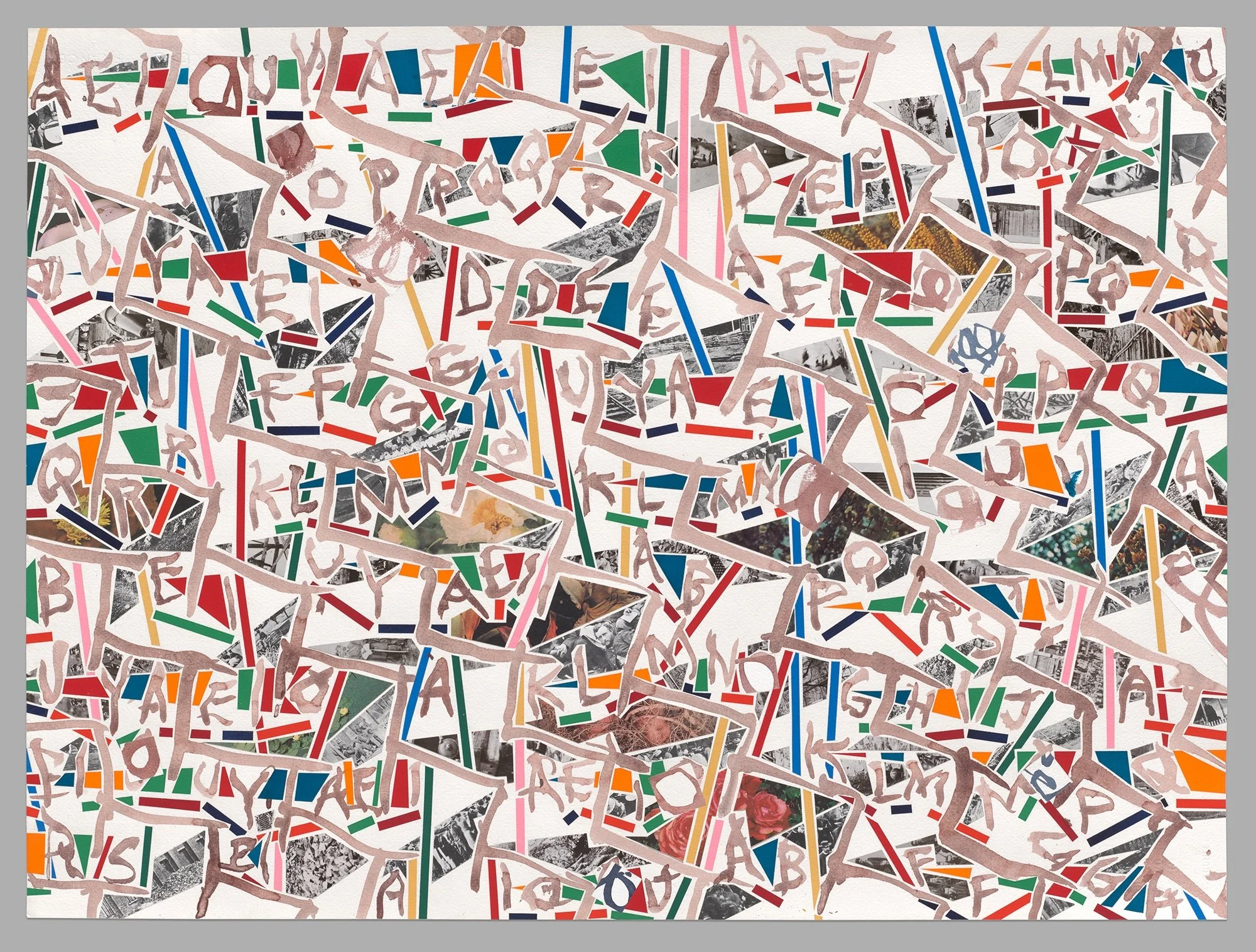 AEIOU (Civil War + Ortho), 2024, watercolor, gouache, and collage on paper, 22½ x 30 inches, 29½ x 37 inches framed