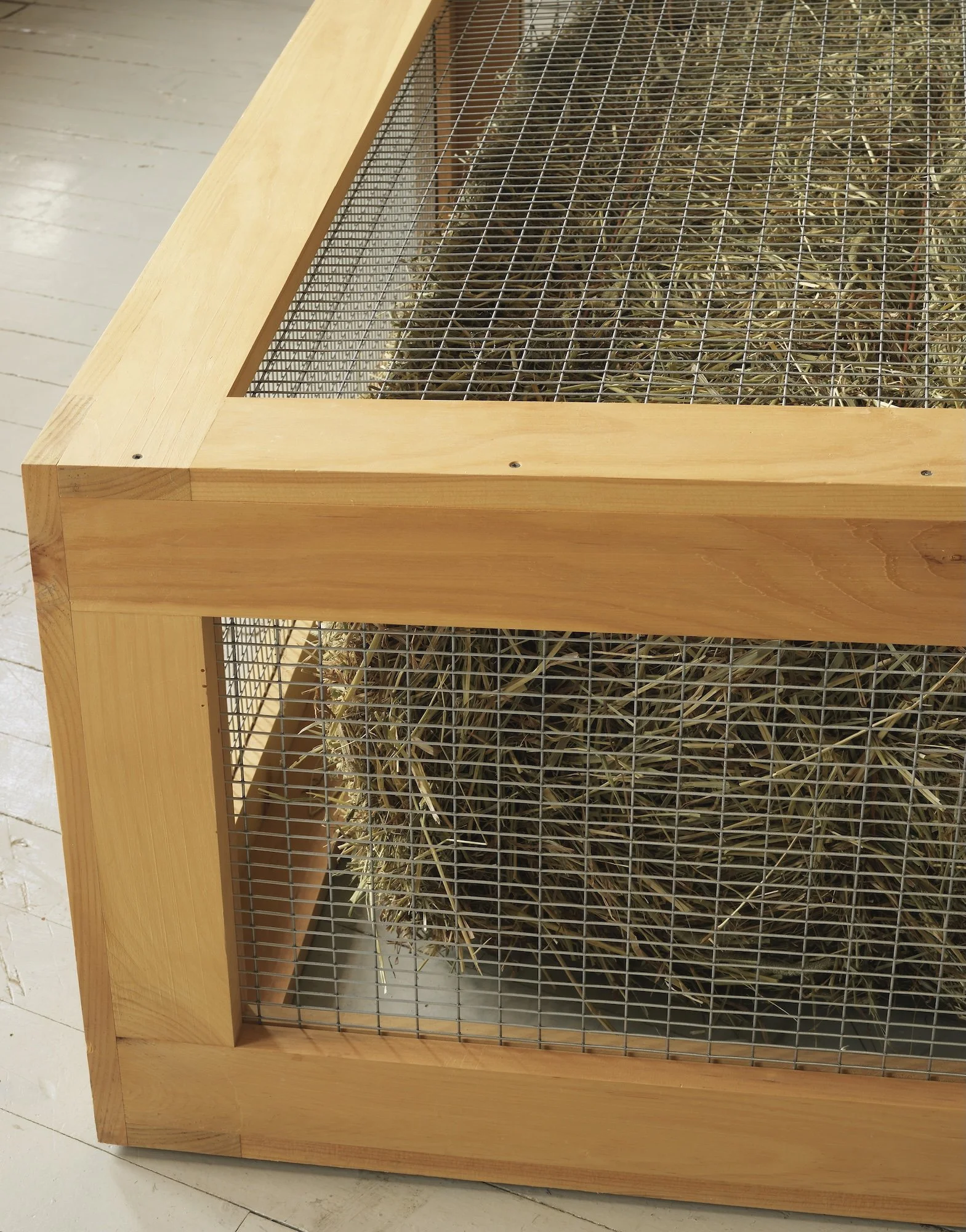 Sweet Timothy, 2005, pine, steel fencing and bale of sweet timothy and alfalfa, 21 x 26 x 42 inches 