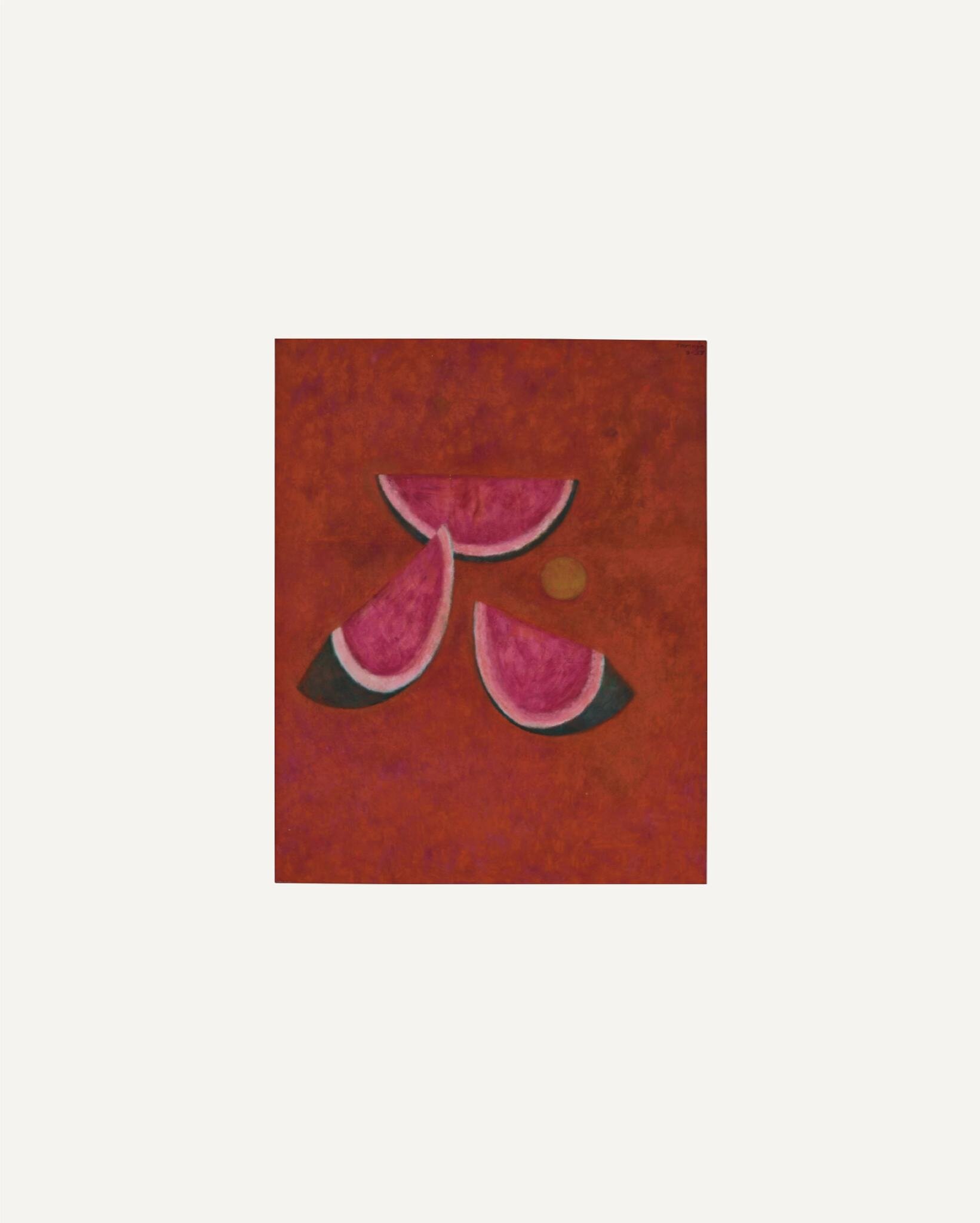 Reference : Sandias y Naranja, Rufino Tamayo. 1957.
Beautifully displayed shades of reds and composition of shapes. 
When I was a child, one of my parents' friends had a painting like this Tamayo in their living room. I never understood it then but I