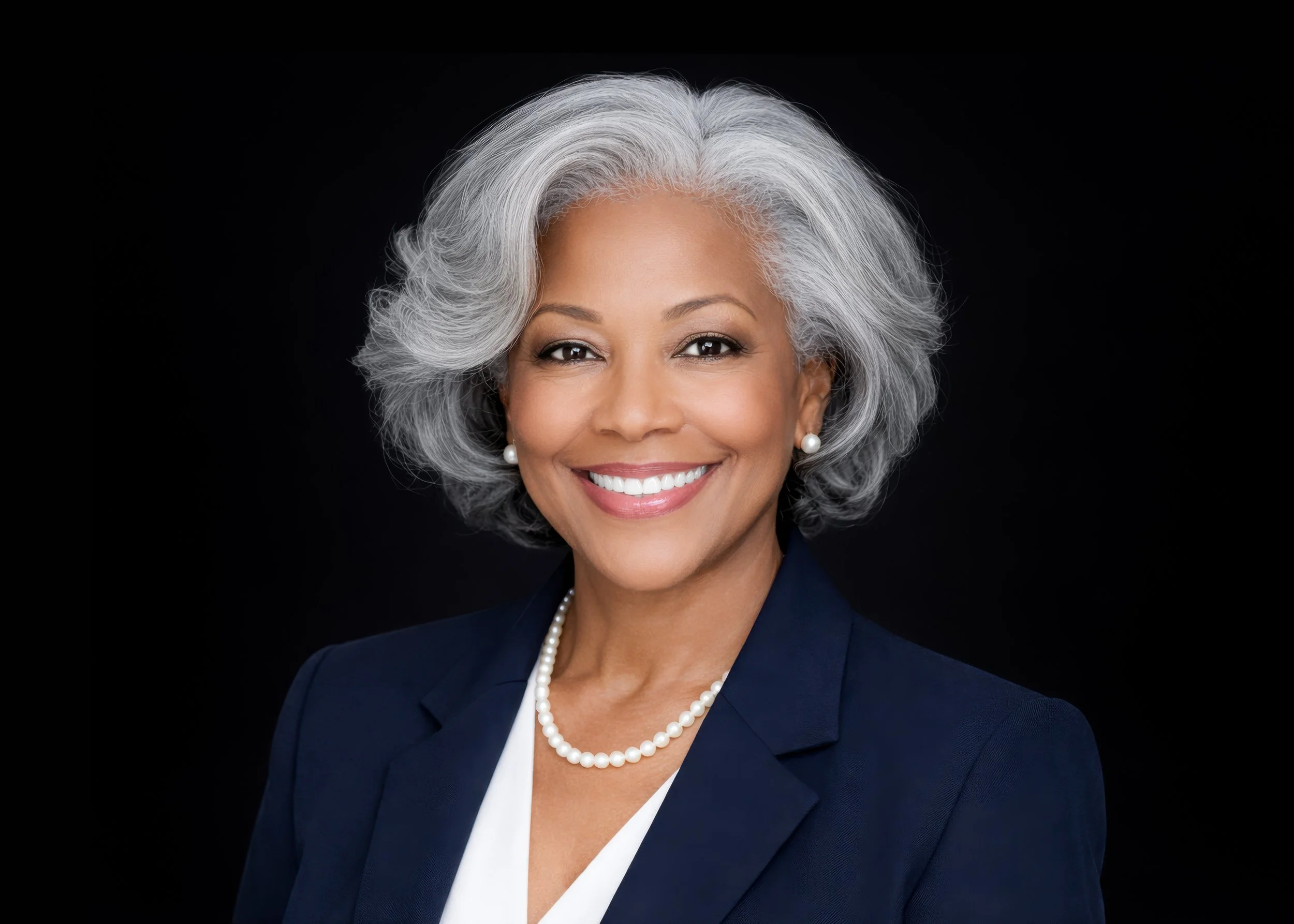 A professional headshot of an African American woman with gray hair styled in soft waves, wearing a navy blazer, white top, pearl earrings, and a pearl necklace, smiling against a black background.