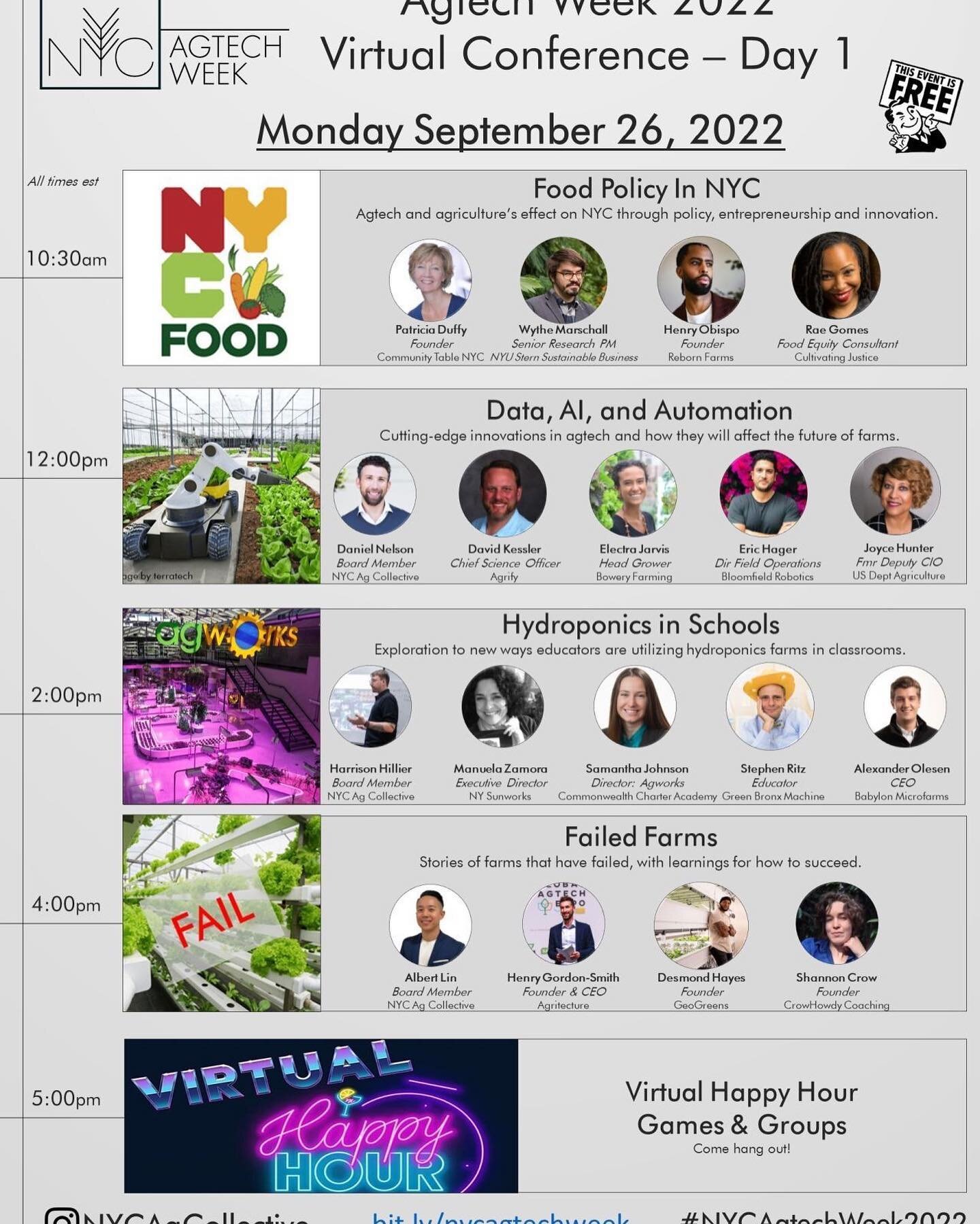 If you are interested in urban agriculture 👩&zwj;🌾, you don&rsquo;t want to miss this amazing line up if panelists and topics. 

Join us on Tuesday for our topic of scaling up your farm business. 

See you there!