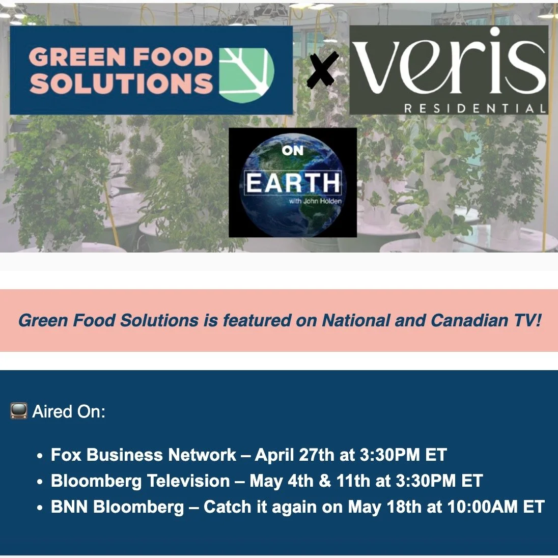 Watch us on Fox business news and Bloomberg. 

We're thrilled to share that Green Food Solutions was recently featured on the national television series &quot;Earth, by John Holden,&quot; a program that highlights innovative companies making a sustai