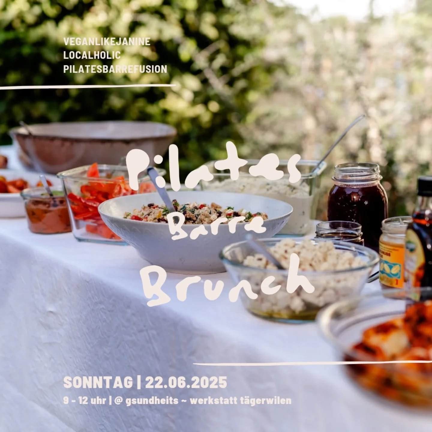 Dich erwartet &auml; vitalisierendi Stund Pilates Barre mit asch&uuml;ssendem richhaltigem Brunch Buffet mit s&uuml;&auml;sse &amp; herzhafte K&ouml;stlichkeite. Alles isch vu d&auml; @vegan.like.janine , vegani (Sport-) Ern&auml;hrungsberoteri und m