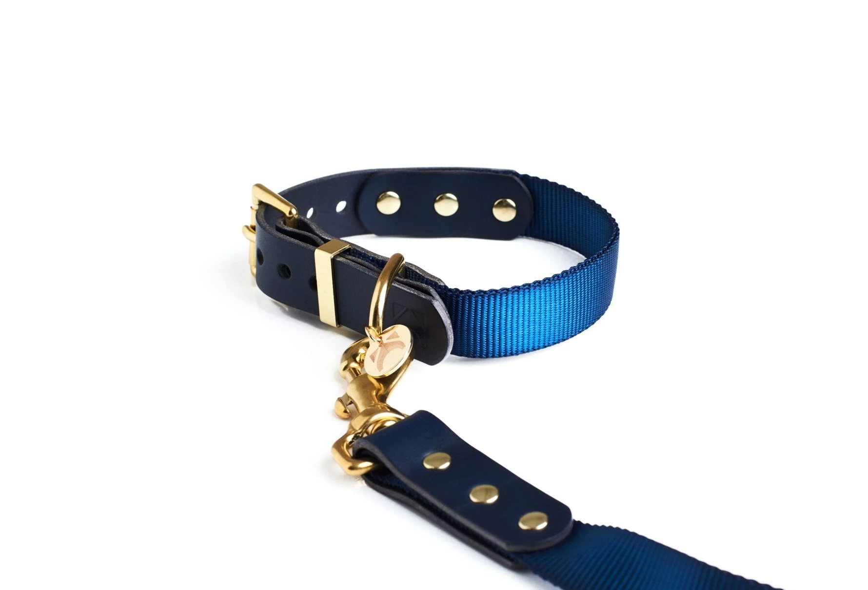 Navy and Midnight Blue Leather and Webbing Dog Collar